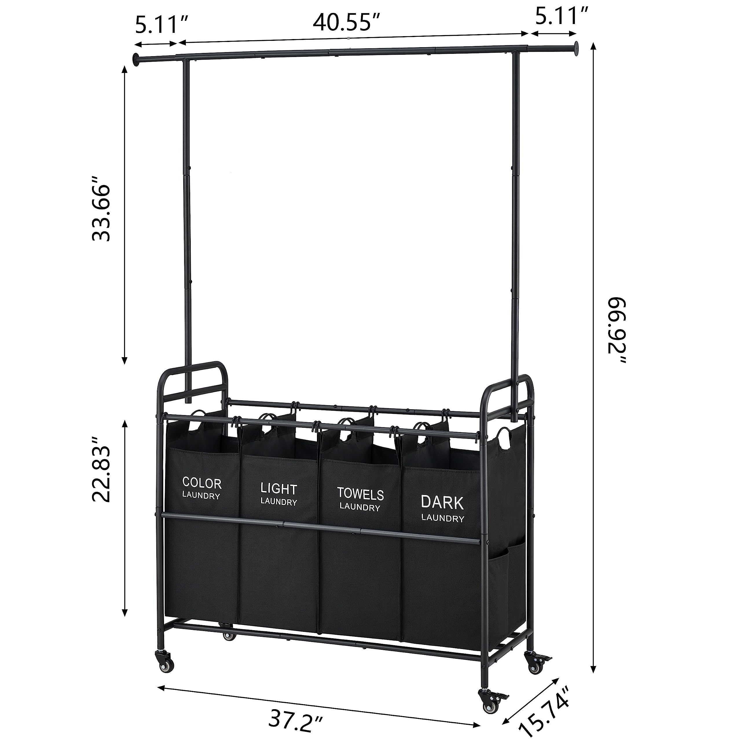 Tajsoon Laundry Sorter Cart With Hanging Clothes Rack, 4 Butler Sorter Basket Organizer, Laundry Hamper Cart With Heavy Duty Rol