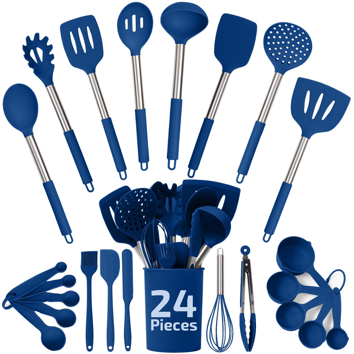 Silicone Kitchen Utensils Set - Culinary Couture 24-Pieces Blue Silicone Cooking Utensils Set For Nonstick Cookware - Silicone S