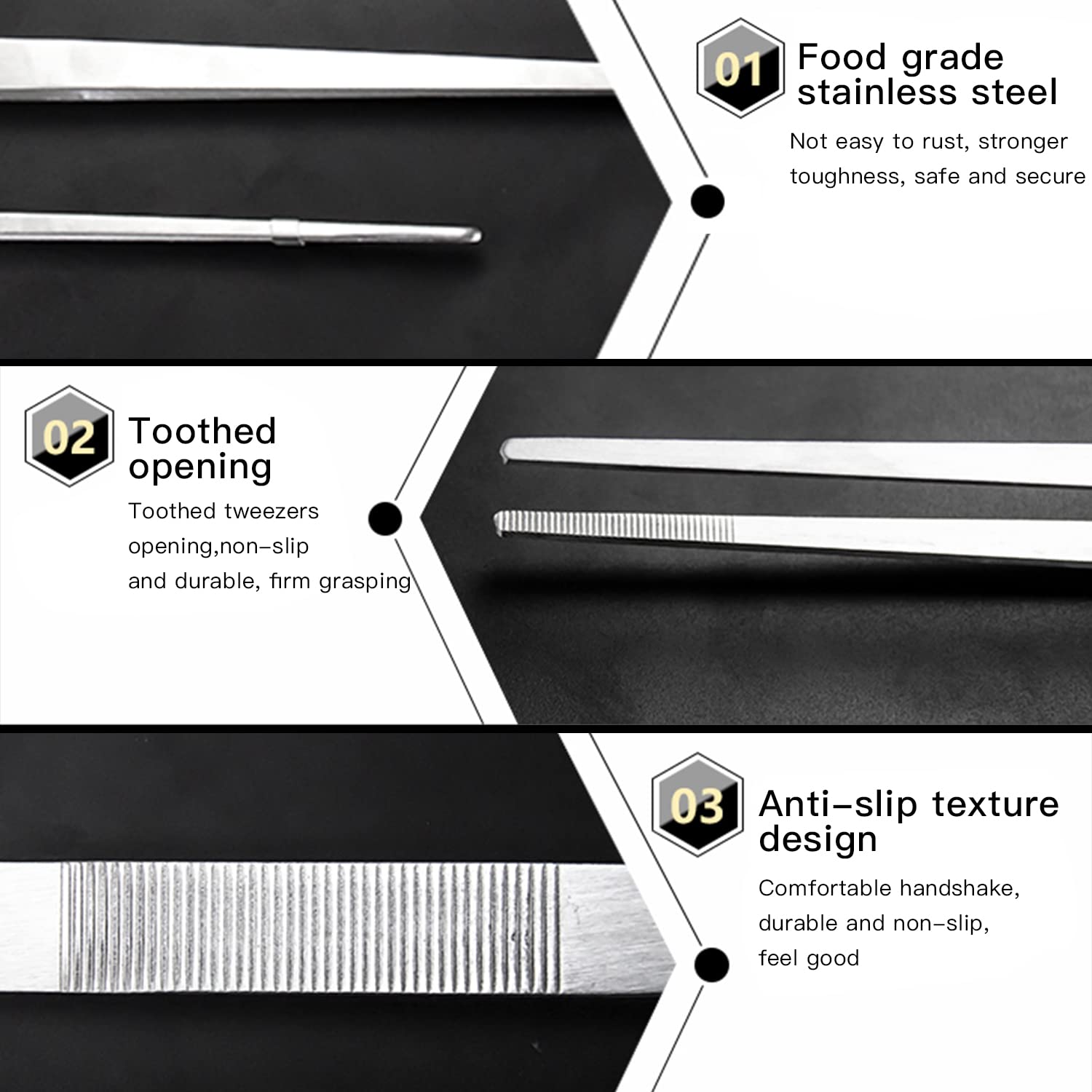 3Pcs Kitchen Food Tongs, Fine Tweezer Tongs Stainless Steel Long Tweezers Grill Tongs For Cooking Kitchen Premium Tweezers Tongs