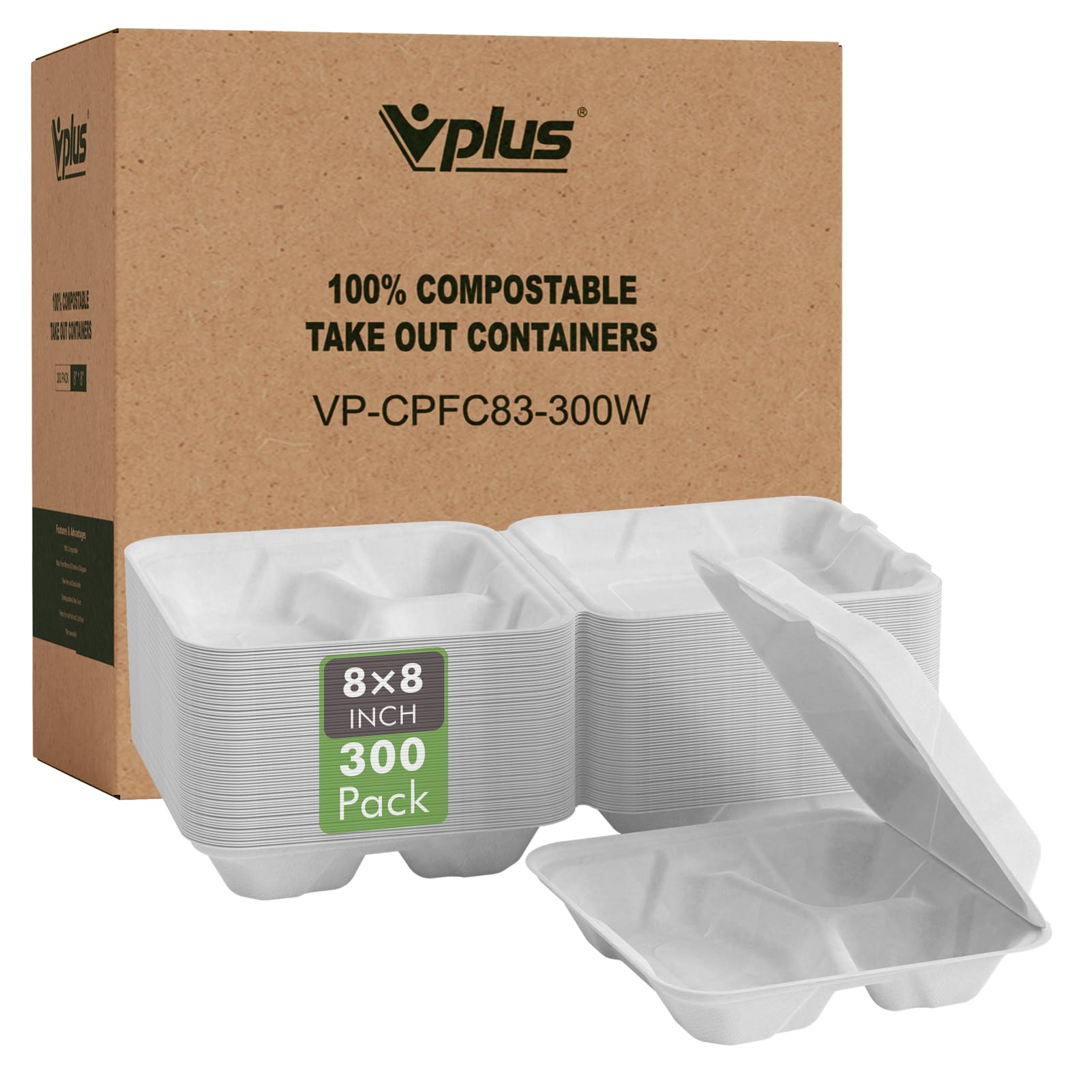 Vplus 300 Pack Compostable Takeout Food Containers, 8x8 inch, 3 Compartment