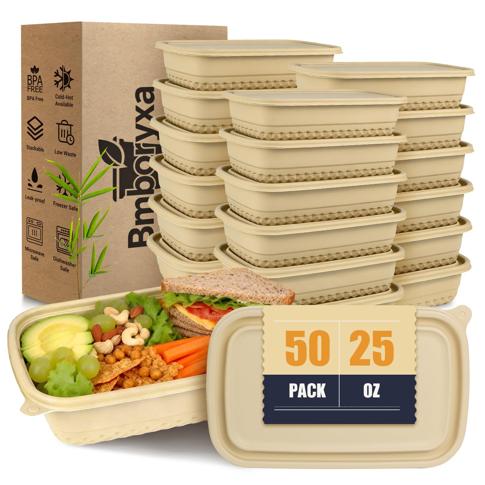 Bmboryxa 50Pack Meal Prep Containers Reusable with Lids, 25oz BambooPowder Food Containers for Lunch Portion Control To Go Take