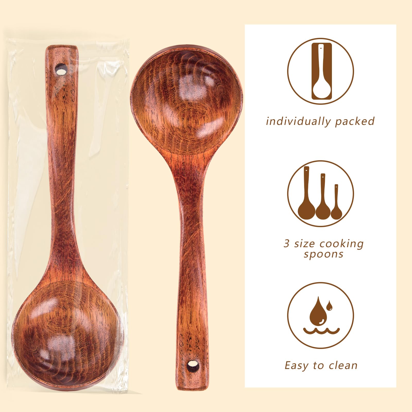 Hansgo 3Pcs Wooden Ladle Spoon Set, Non-Stick Wooden Spoons Soup Cooking Spoons Natural Teak Wood Kitchen Utensils For Cooking S