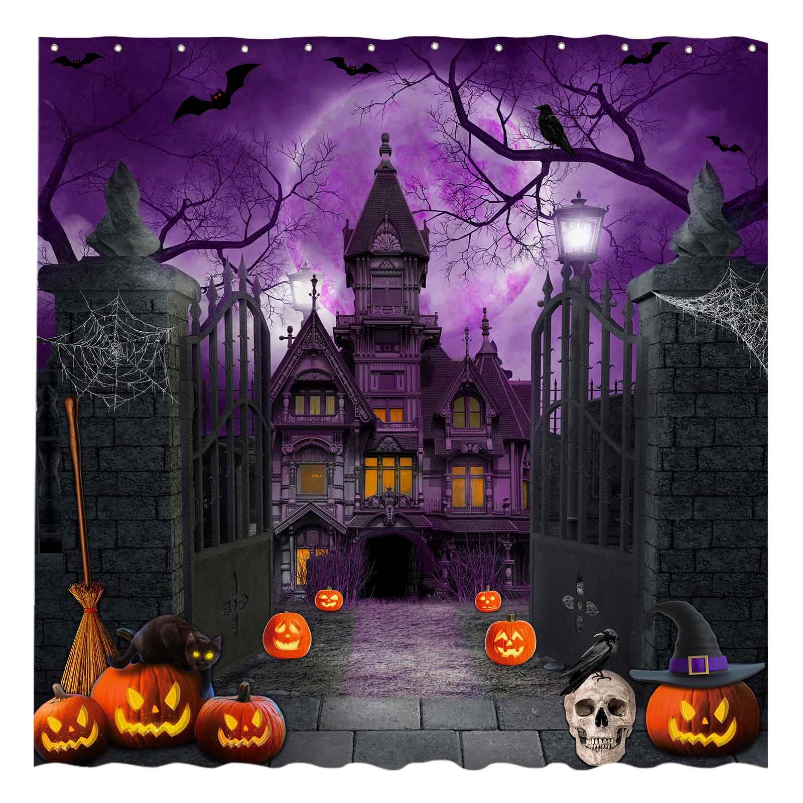 Allenjoy 72'' X 72'' Purple Halloween Shower Curtain For Bathroom Set Scary Night Moon Gothic Haunted House Pumpkin Courtyard Do