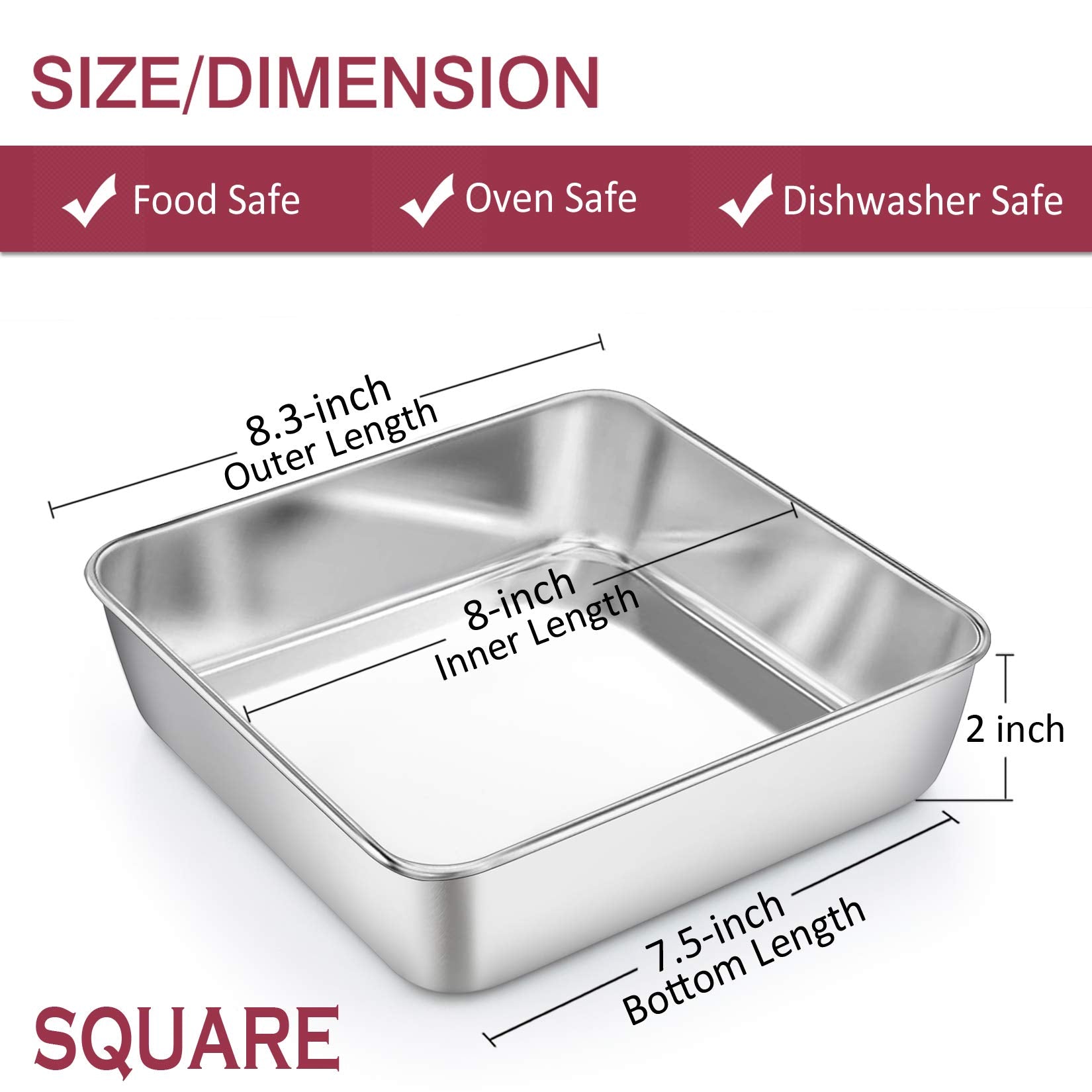 P&P Chef 8 Inch Square Baking Pan Set Of 4, Square Cake Pans, Stainless Steel Deep Bakeware For Lasagna Bread Brownie, 8     8
