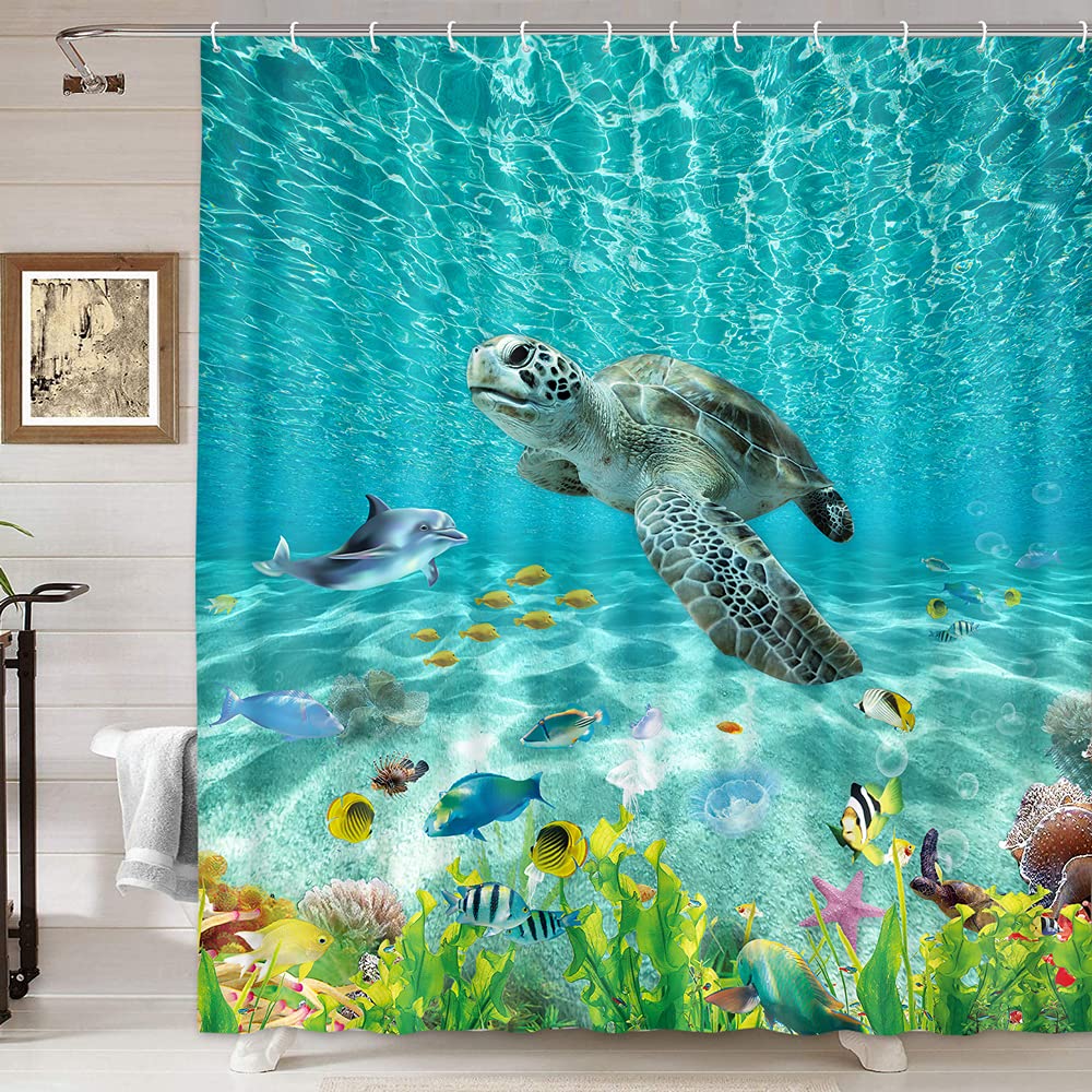 Dynh Sea Turtle Shower Curtain, Under The Sea Ocean Animals Shower Curtain Underwater Tortoise Seaweed Fish Shower Curtain, Sea