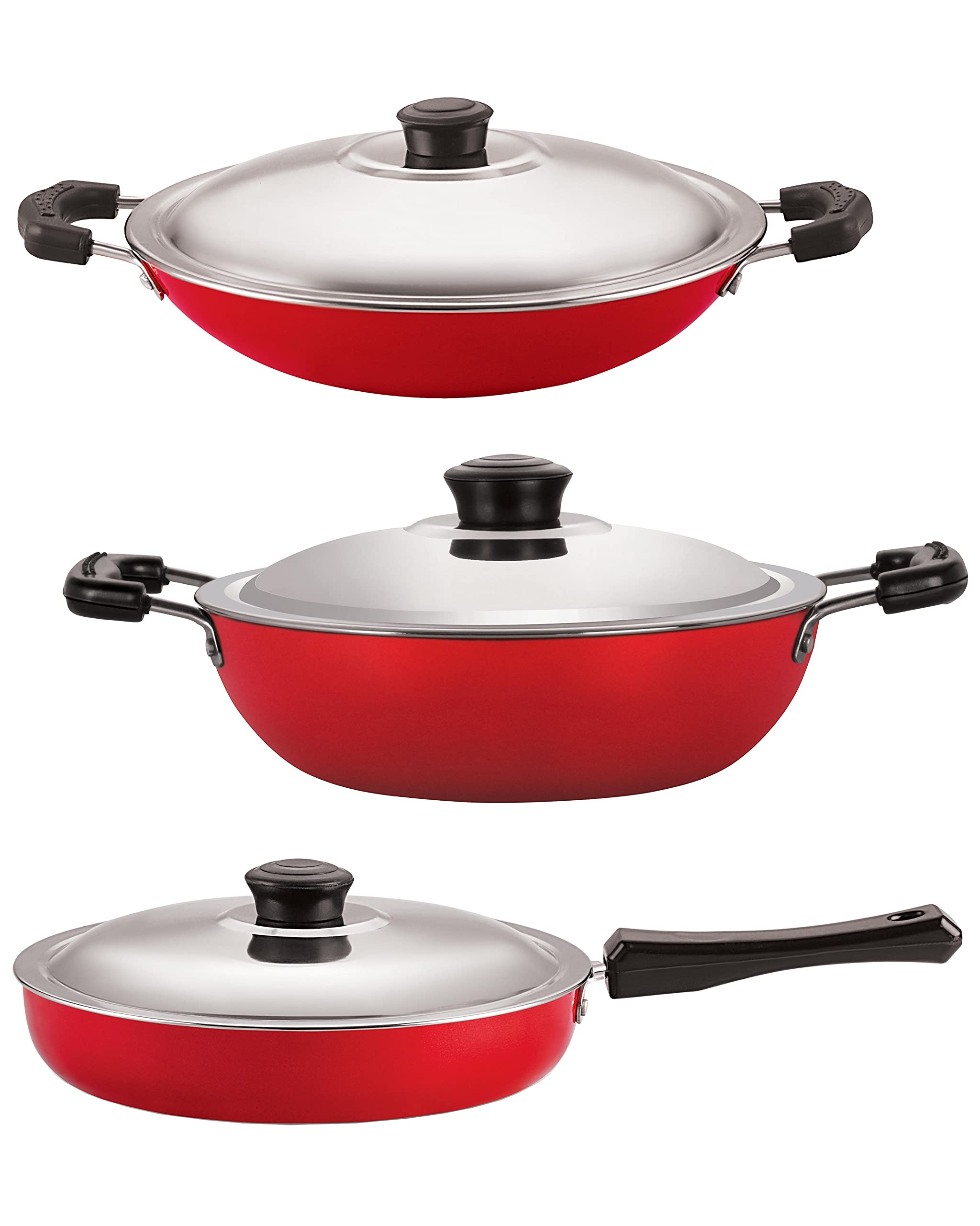 Nirlon Non Stick Best Cookware Set  Fry Pan With Stainless Steel Lid 2 Liter, Deep Kadai With Lid 2.6 Liter, Appa Chatti 22 Cm