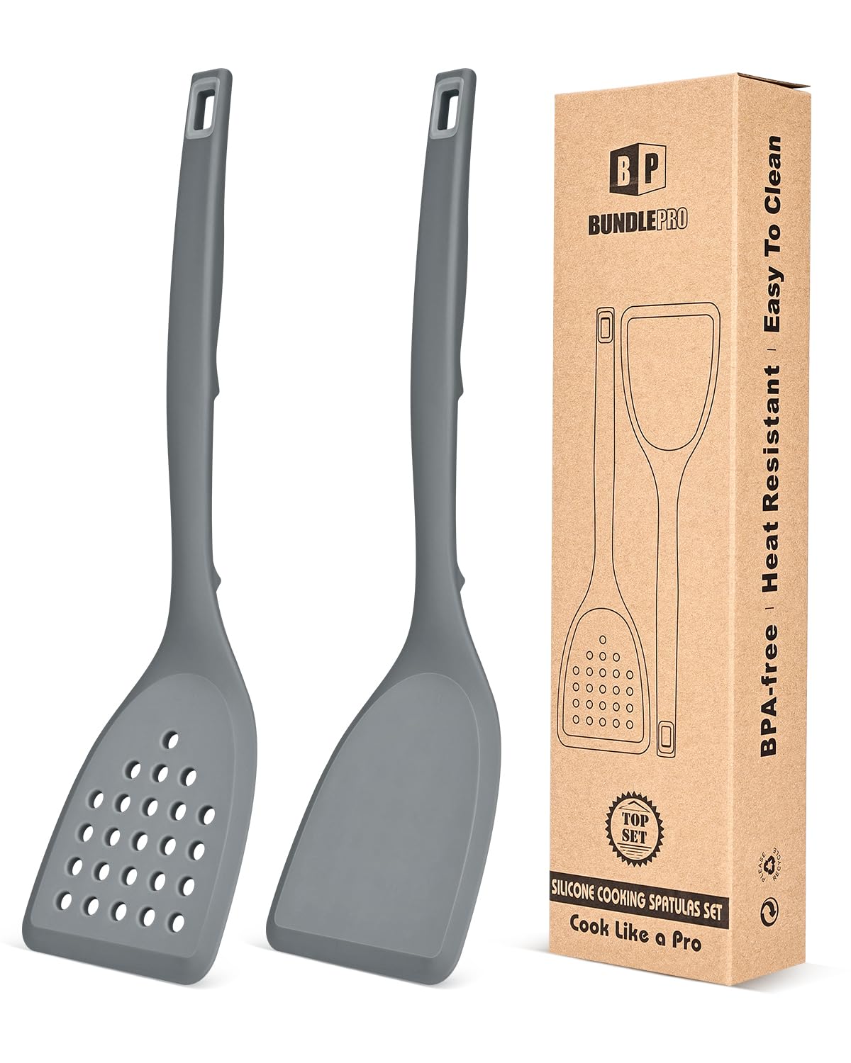 BUNDLEPRO Silicone Spatula, Solid & Slotted Turner, OnePiece, Gray