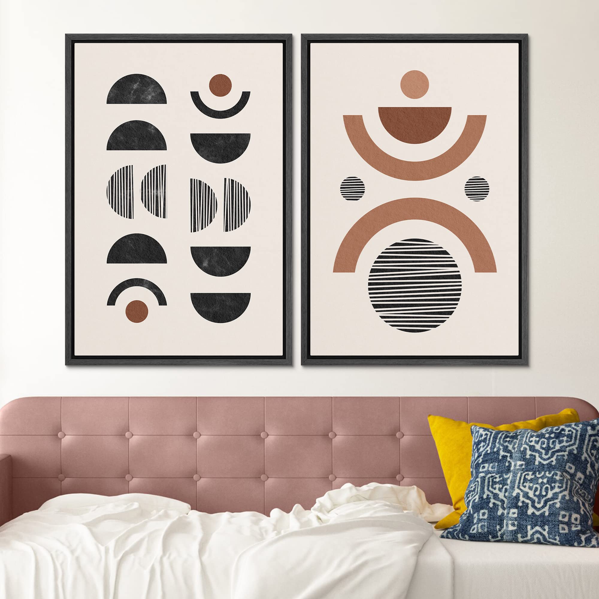 Signford Framed Canvas Print Wall Art Geometric Black And Brown Semi Circle Polygons Abstract Shapes Illustrations Modern Boho C
