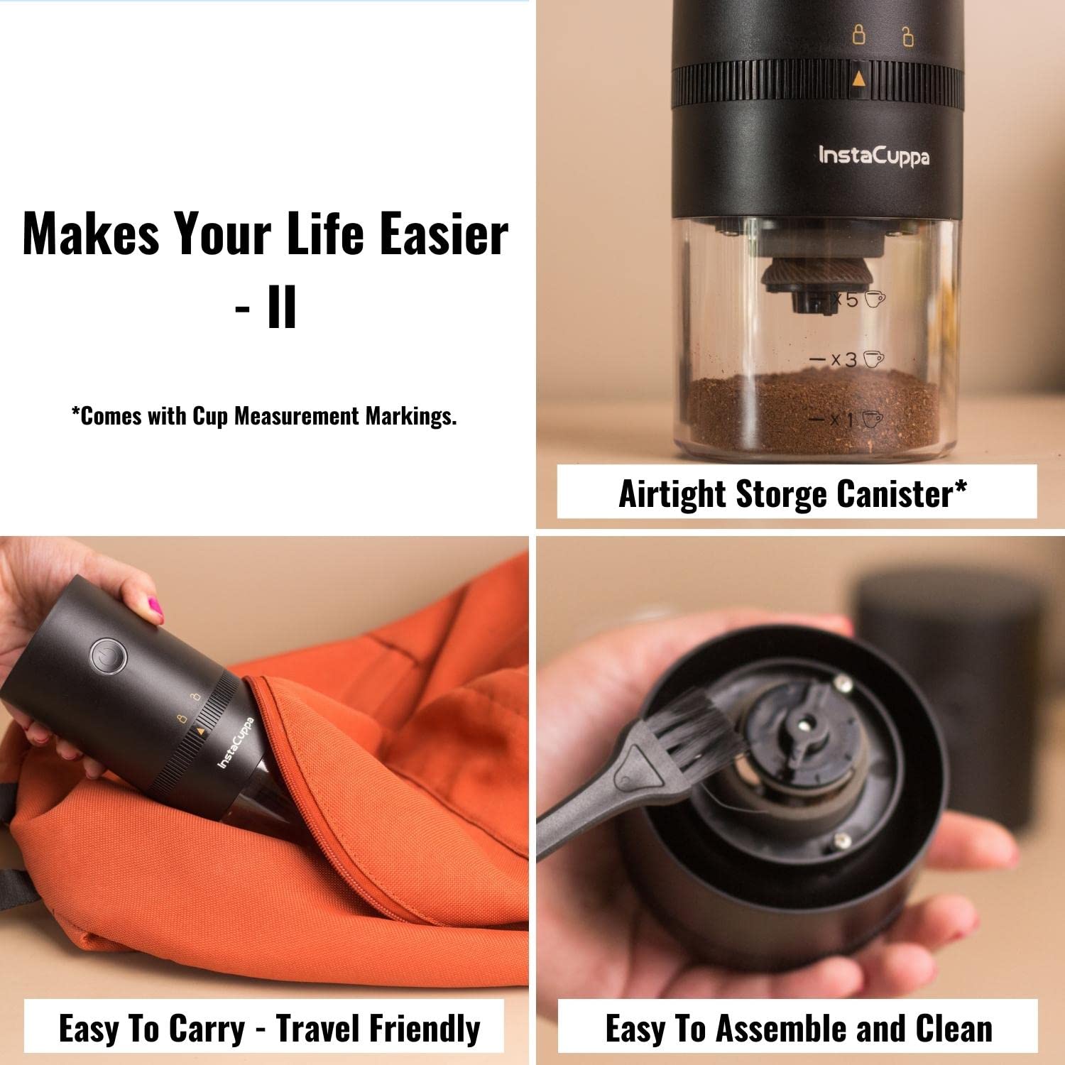 Instacuppa Rechargeable Coffee Bean Grinder With Ceramic Conical Burr Mill, One Click Operation, 5 Adjustable Grind Settings, Ai