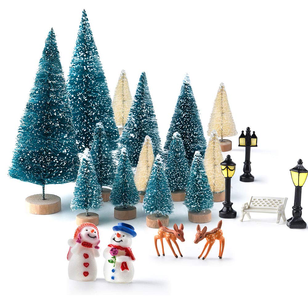 KUUQA Mini Christmas Trees Bottle Brush Trees with Snowmen Reindeer, 31Pcs Christmas Village Sets Village Accessories Ornaments 
