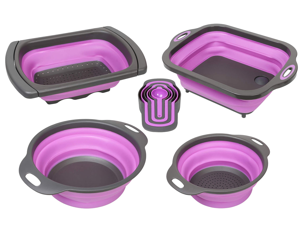 Purplechef 10 Pcs Collapsible Kitchen Silicone Over The Sink Strainer, Colander, Mixing Bowl, Cutting Board, Measuring Cups Set