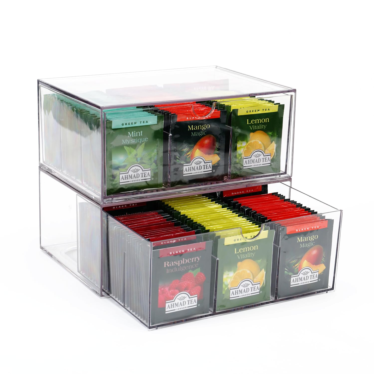 CLUQMEIK 2 Large Acrylic Tea Bag Organizer, 9 Grids Tea Organizers and Storage with Acrylic Drawers Stackable, Teabag Holder Org