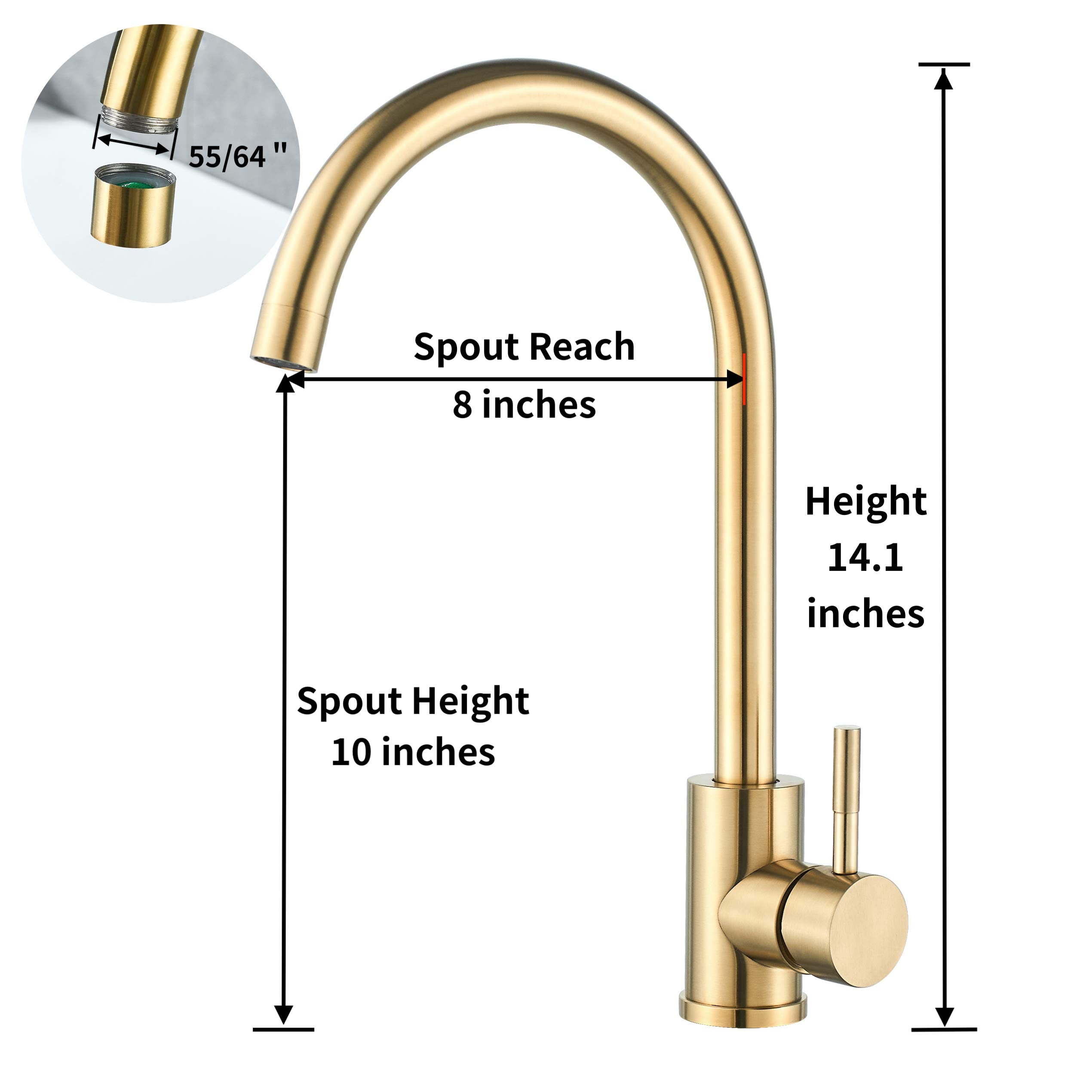 Kohonby Single Handle High Arc Brushed Gold Kitchen Faucet Stainless Steel Commercial Single Hole Kitchen Sink Faucet,Modern One