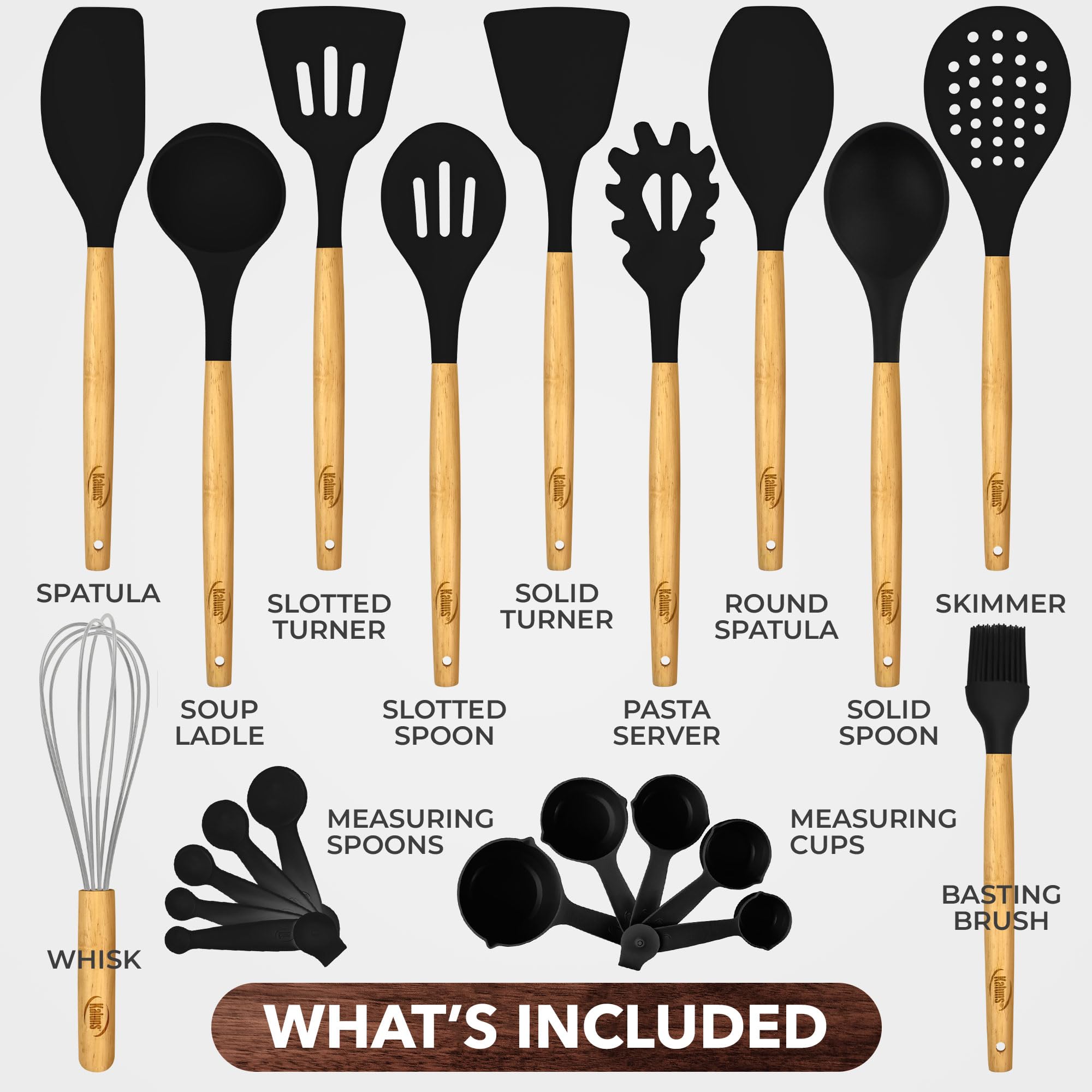 Kaluns Silicone Kitchen Utensils Set, Premium Non Stick Silicone Cooking Utensils Set - 21 Pcs Wooden Handle Silicone Spatula Se