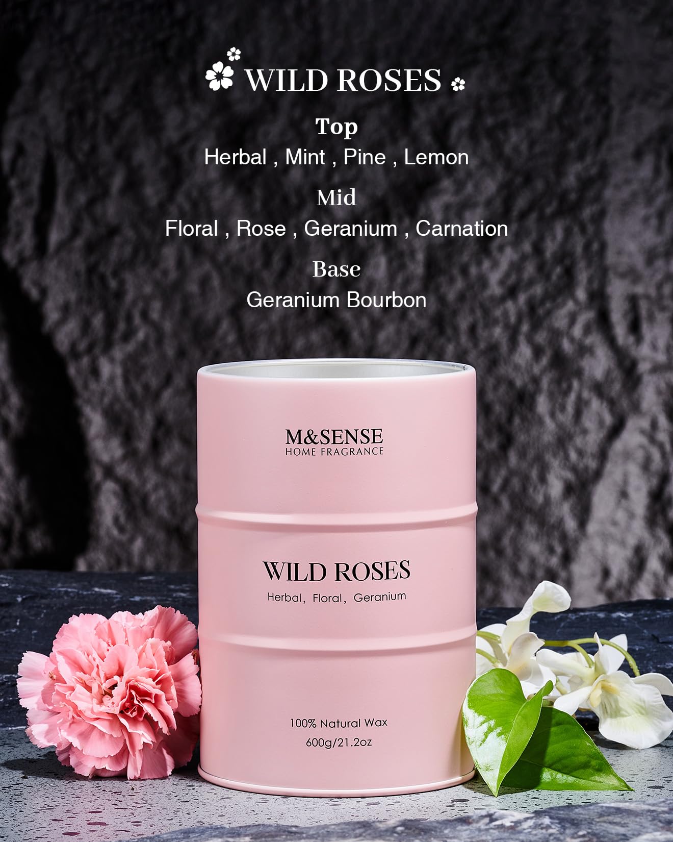 M&SENSE Wild Rose Large Natural Scented Candle, 120 Hours Long Lasting Soy Candles 21.2oz, Stress Relief Luxury Aromatherapy Can