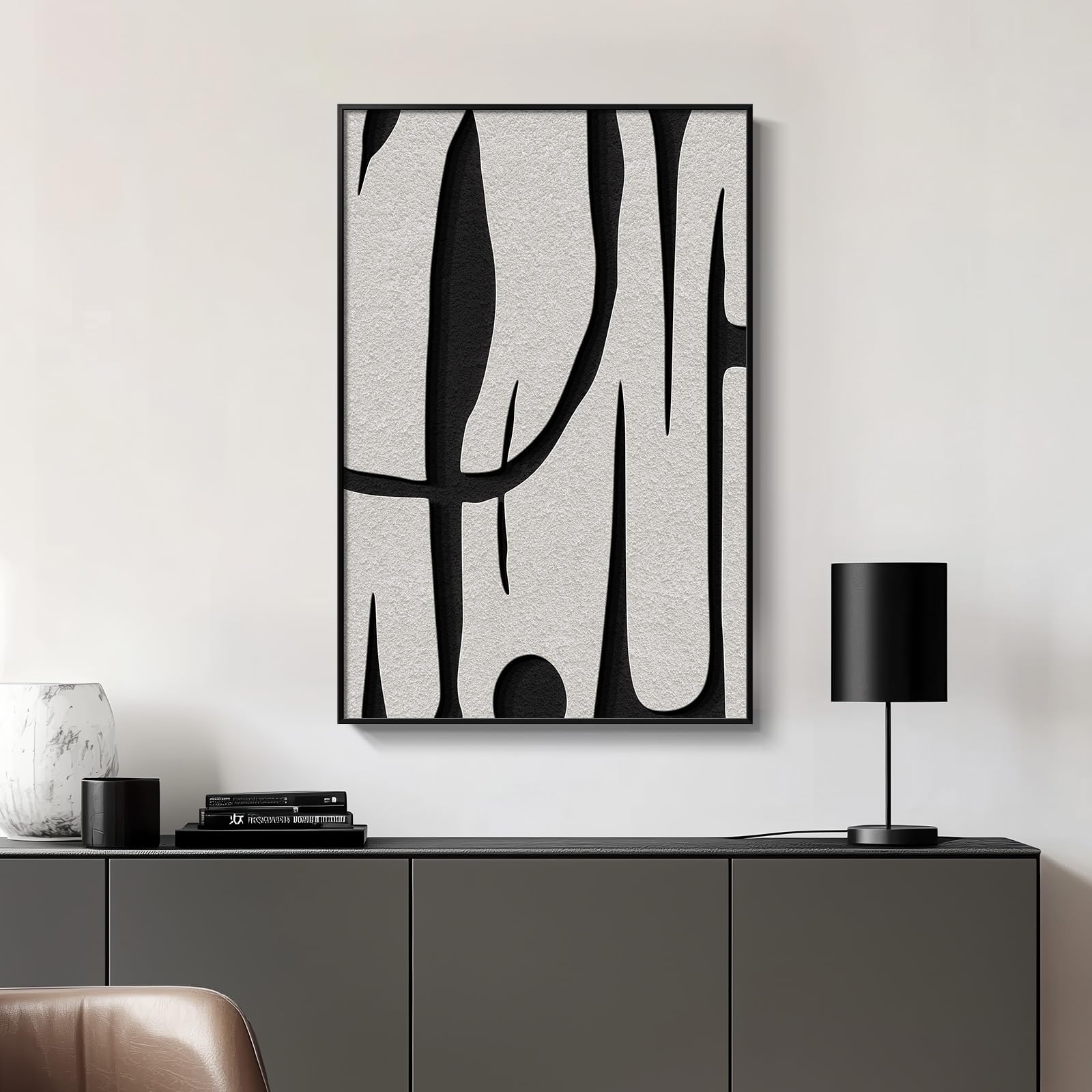 Framed Black And White Abstract Wall Art For Living Room, 3-Piece Modern Canvas Art Work Wall Decor, Minimalist Abstract Paintin