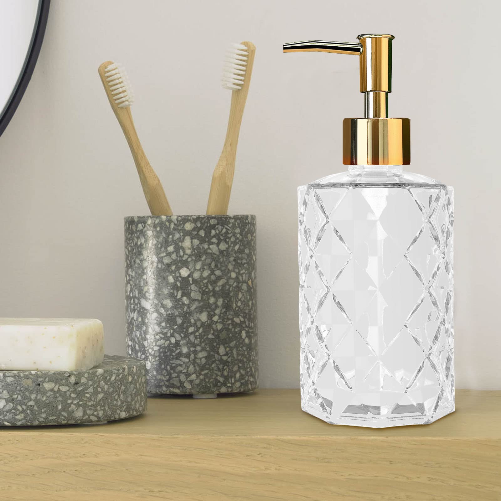 Clear Glass Soap Dispenser With Gold Plastic Pump, 2 Pack 12Oz Diamond Hand Soap Dispenser, Refillable Lotion Dispenser & Dish S