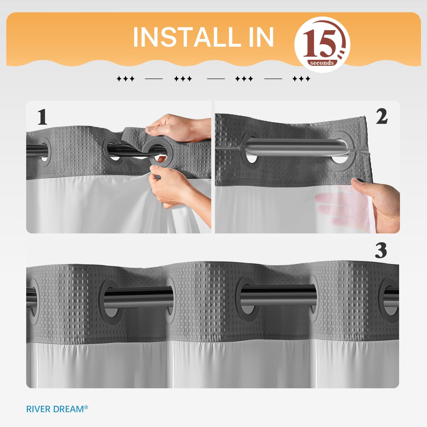 No Hooks Required Waffle Weave Shower Curtain with Snap in Liner - 71W x 74H Hotel Grade Spa Like Bath Curtain Gray