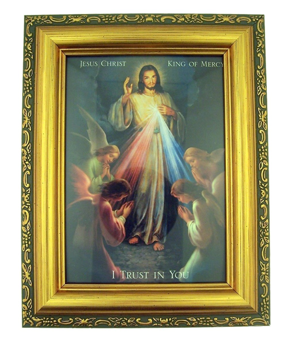 Framed Art Italian Lithograph Jesus Christ King of Mercy Print in Antique Gold Tone Frame with Glass, 6 1/2 Inch