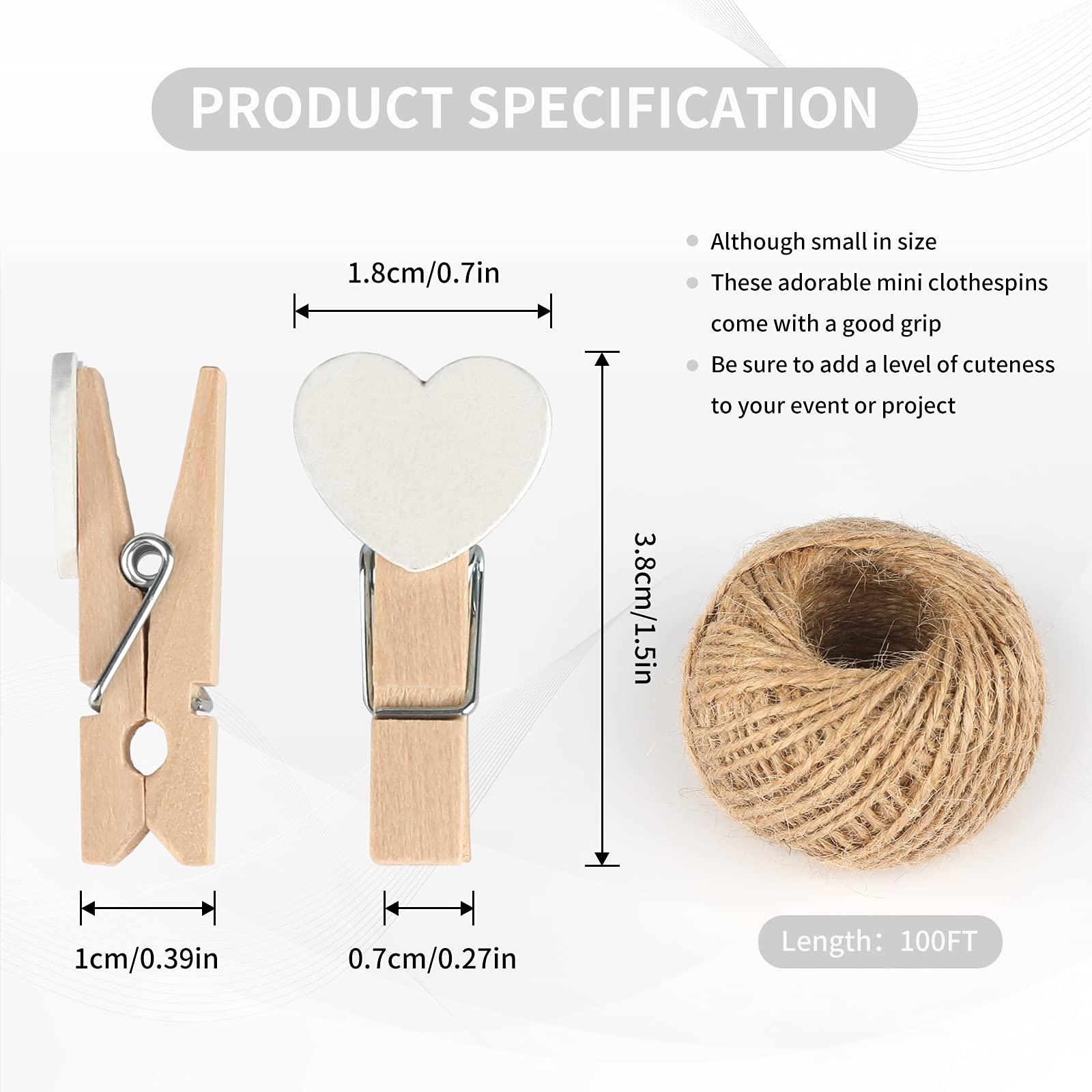 Jijacraft 100Pcs Clothespins With String, 1.4 Inch Heavy-Duty Wooden Clothes Pins With White Heart, Mini Photo Clips For Hanging