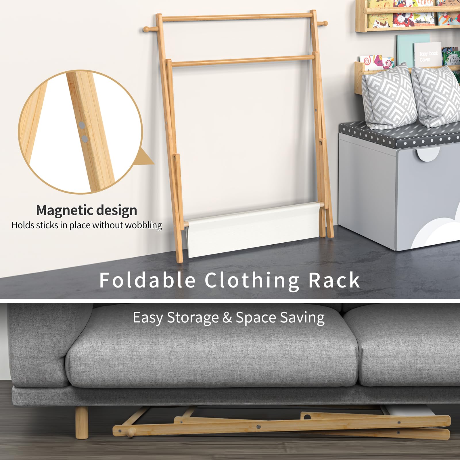 Bamboohomie Kids Clothing Rack, Small Clothes Rack For Toddler Pets, Kids Dress Up Rack With Storage Shelf & Double Rods, Foldab