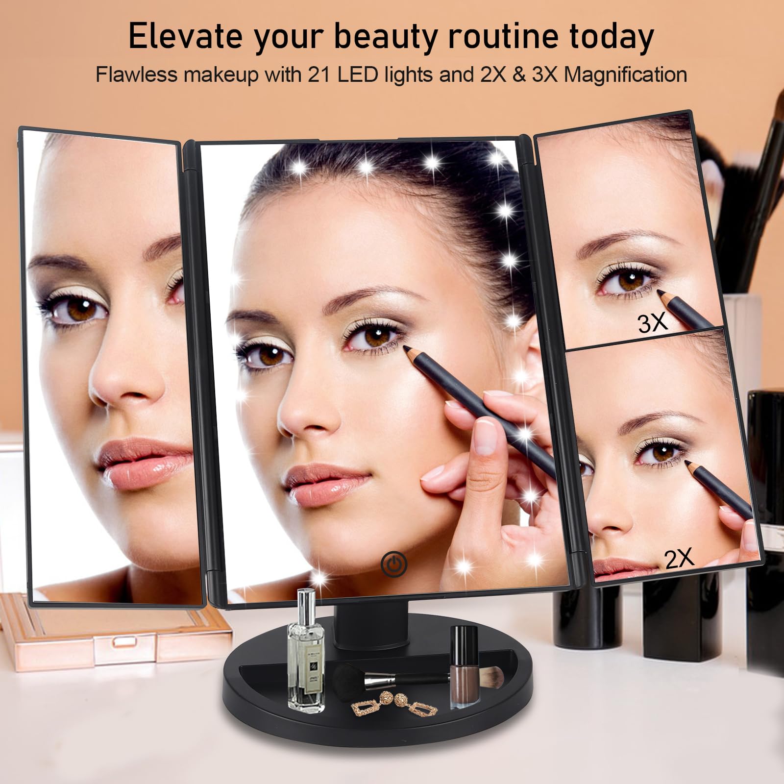 Tru2U Vanity Makeup Mirror With Lights And Magnification, 3 Way Mirror, Trifold Portable Mirror, 1X 2X 3X Magnification, Two Pow