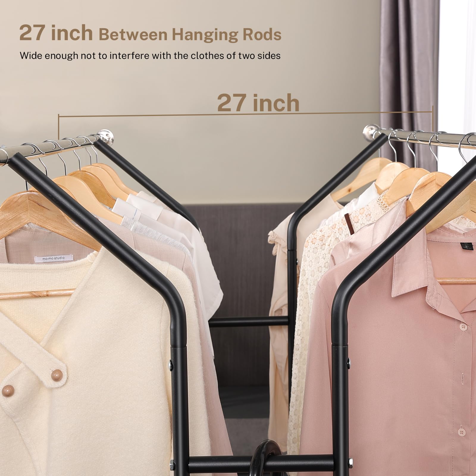 Vicerii Clothing Rack, Heavy Duty Clothes Rack With Wheels And Bottom Shelf, 52.36 Metal Double Clothing Rack With Wheels, Wardr