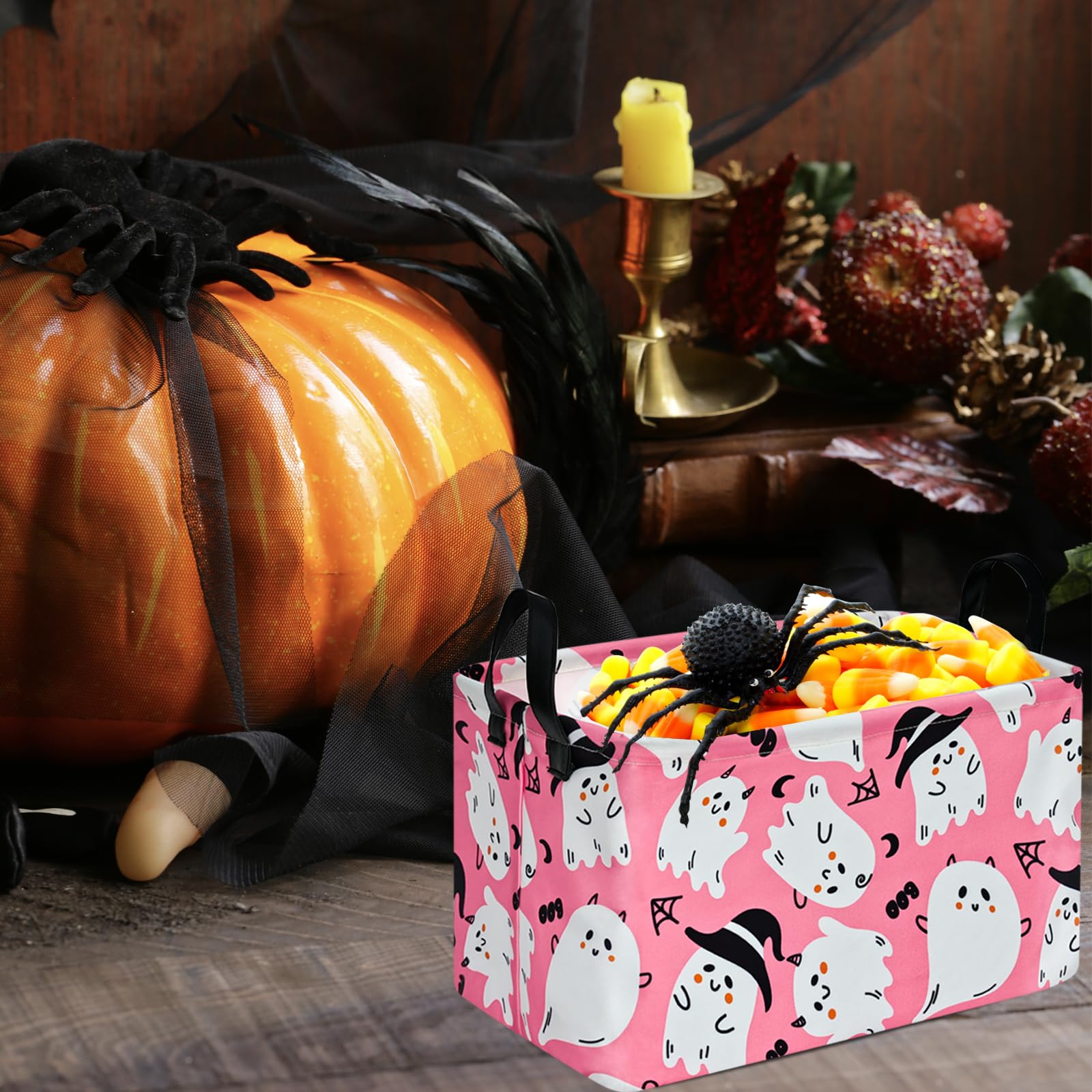 KUNRO Pink Ghost Pattern Halloween Storage Gift Basket Canvas Storage Bins with Handles Rectangle Storage Cubes Organizer for Be