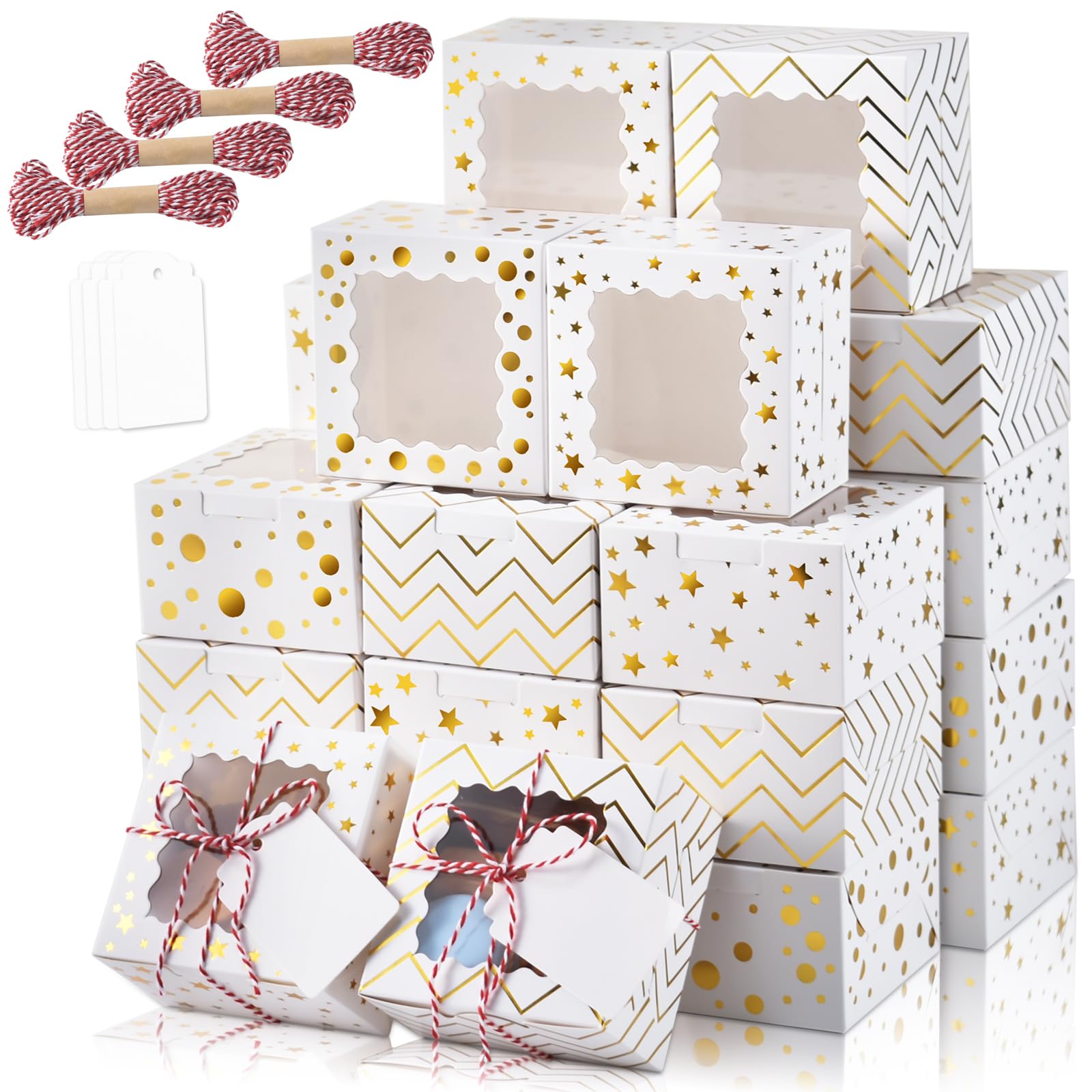 KPOSIYA 30pcs Christmas Cookie Boxes for Gift Giving, 6x6x3in White Bakery Boxes with Window for Treat and Pastry,Holiday Small 