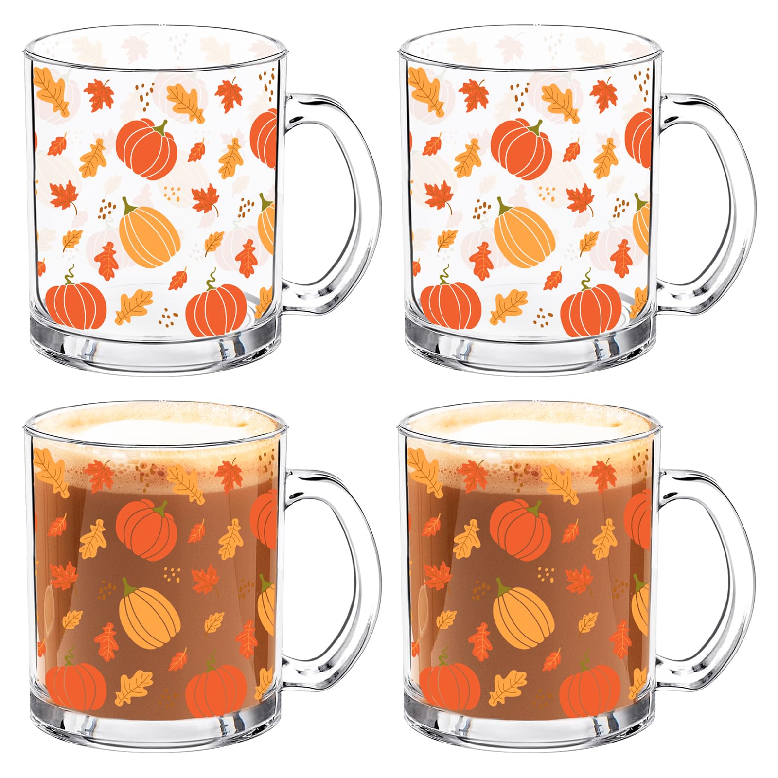 Whaline 4 Pcs Fall Glass Coffee Mugs with Handle 12 oz Autumn Maple Leaves Pumpkin Coffee Cups Beverage Mugs for Hot Cold Drinks