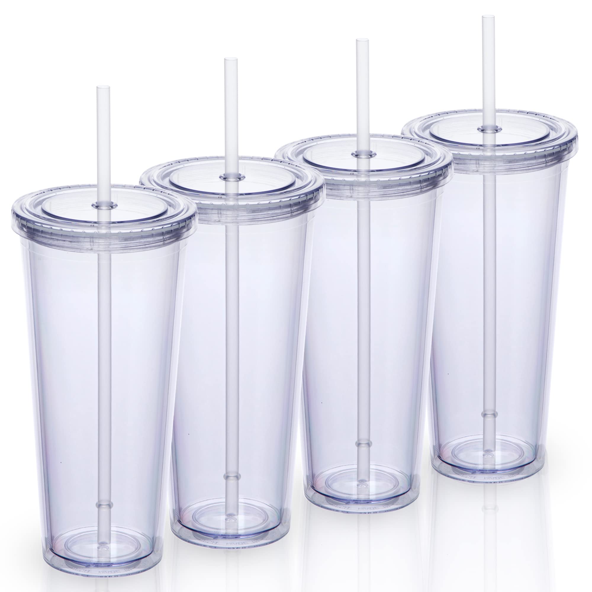 Zephyr Canyon 24oz Double Wall Plastic Tumblers with Lids and Straws | Large Classic Travel Tumbler | 4 Pack Set of 4 | Clear Re
