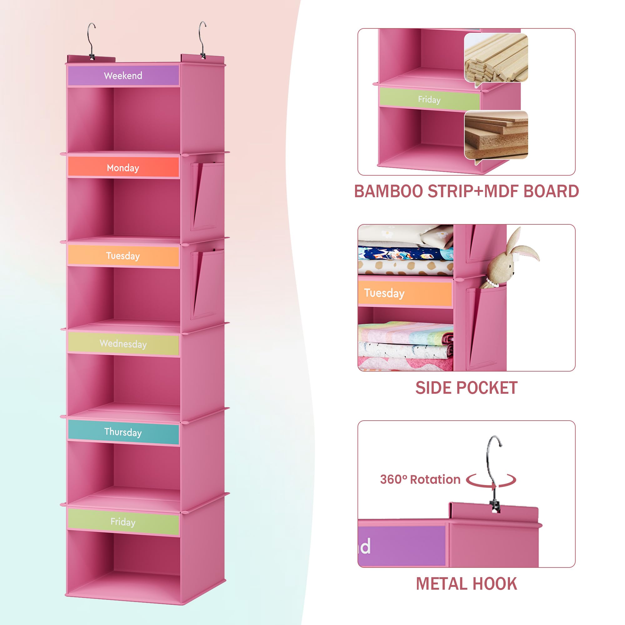 Youdenova 6-Shelf Weekly Hanging Closet Organizer, Weekly Clothes Organizers For Kids With 2 Side Pockets, Pink