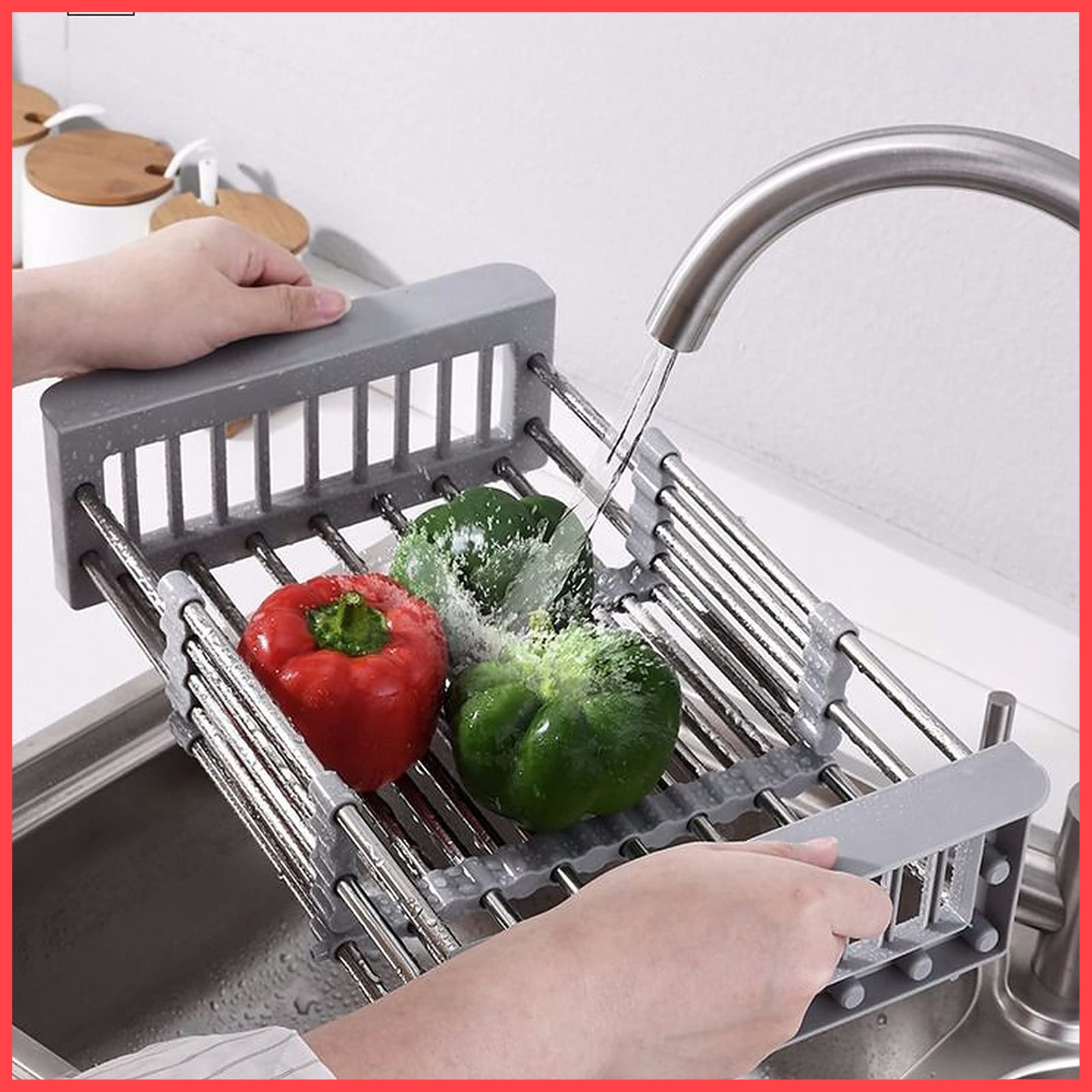 Wolpin Stainless Steel Retractable Kitchen Dish Drainer & Drying Rack Sink Basket For Washing Bowls Utensils Vegetables Fruits S