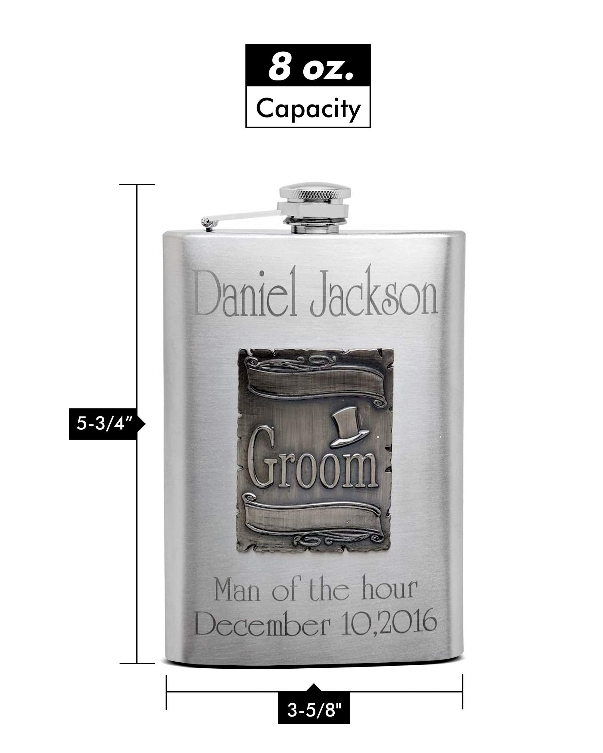 Hip Flask Holding 8 Oz - Groom Emblem Design - Metallic Grey Finish Stainless Steel Screw-On Cap Expertly Welded Leakproof Rustp