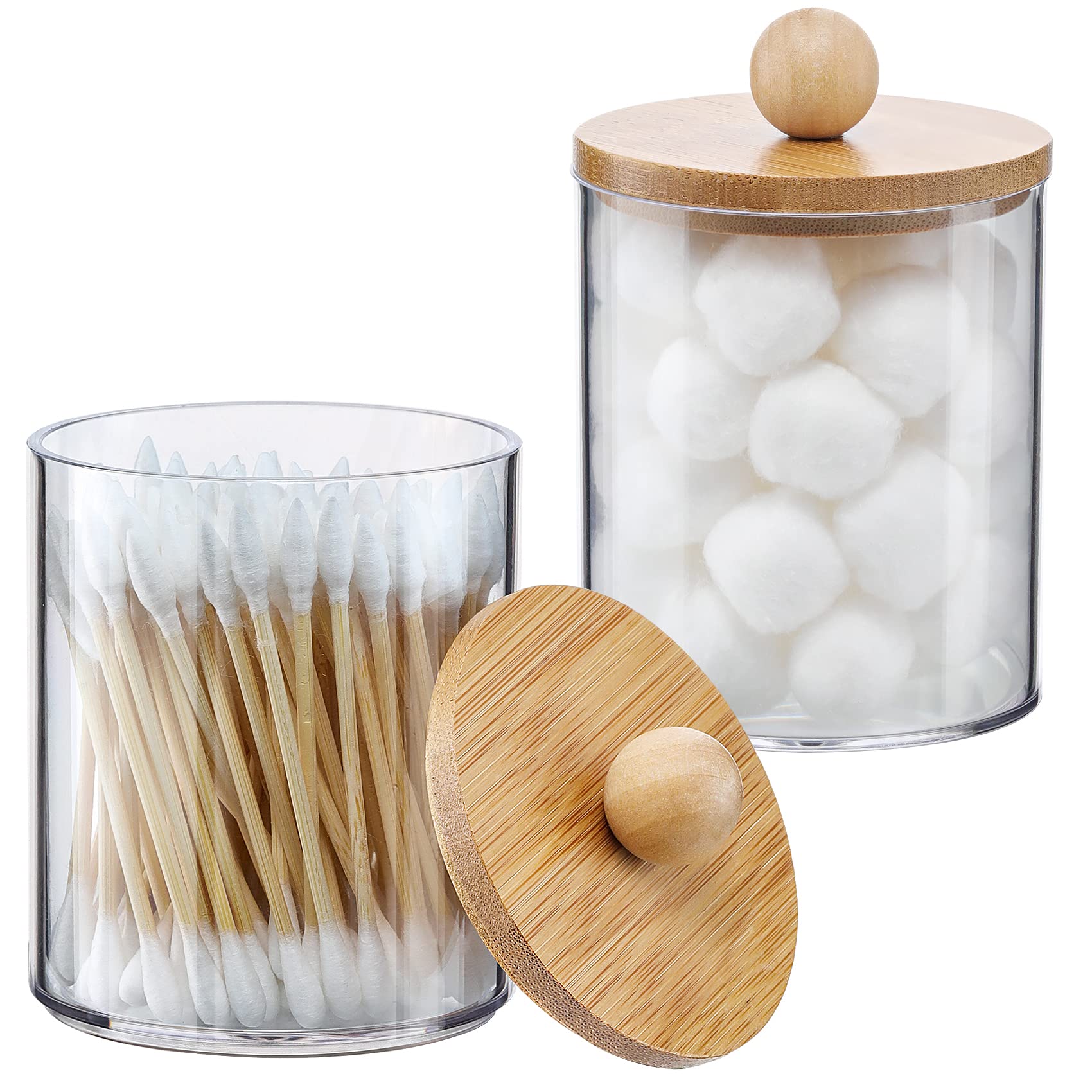 2 Pack Qtip Holder Dispenser With Bamboo Lids - 10 Oz Clear Plastic Apothecary Jar Containers For Vanity Makeup Organizer Storag