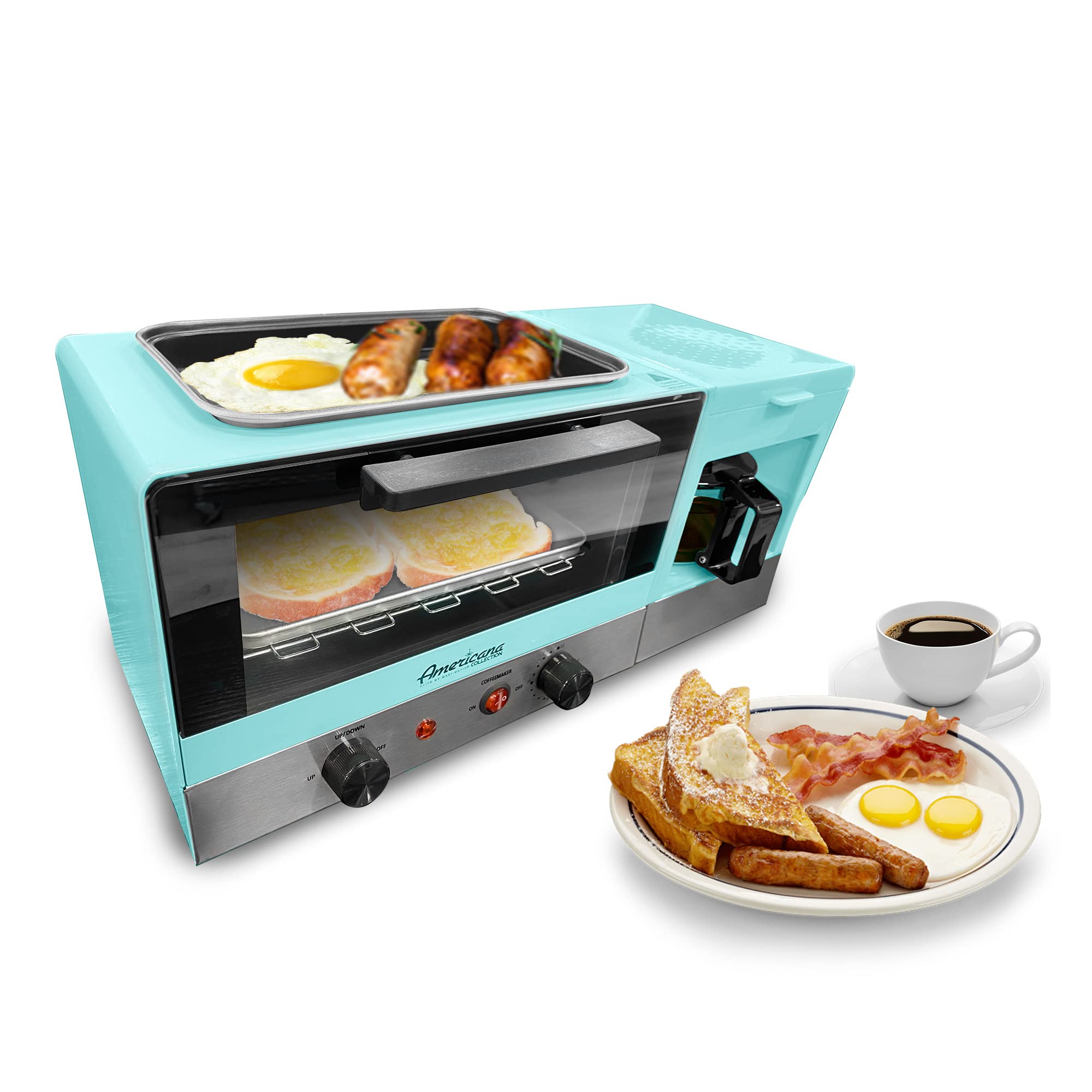 Elite Gourmet Americana 2 Slice, 9.5 Griddle With Glass Lid, 3-In-1 Breakfast Center Station, 4-Cup Coffeemaker, Toaster Oven