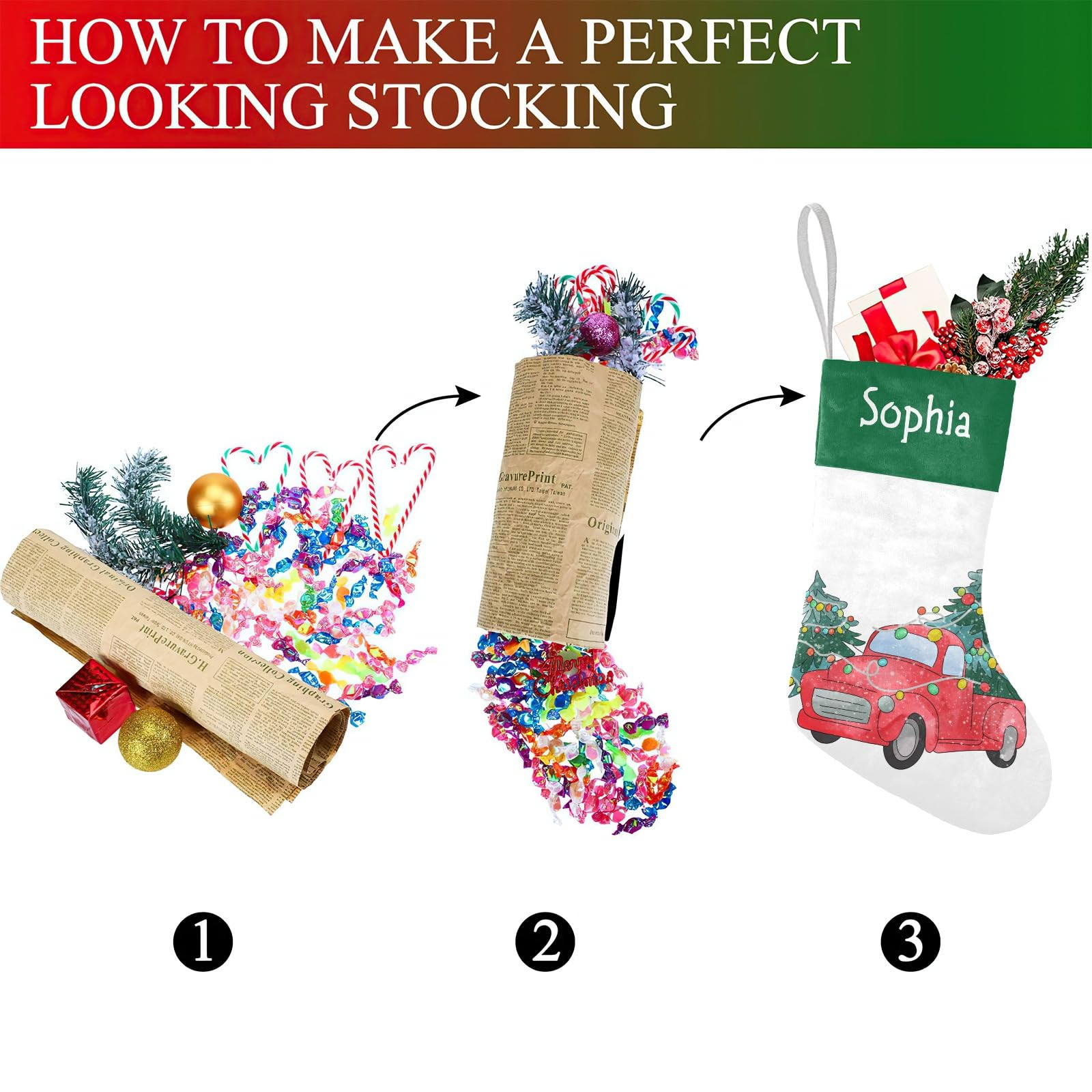 Christmas Truck Christmas Stockings Custom Name Party Family Decor Festive Santa Candy Gift Bag Socks 17.52 x 7.87 Inch