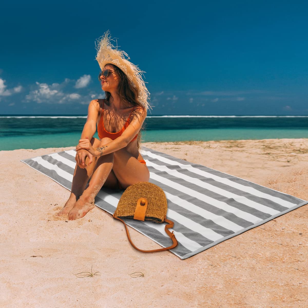 LULUHOME Plush Oversized Beach Towel - Fluffy Cotton Thick 36 x 70 Inch Gray Striped Pool Towels  Large Summer Cabana Swimming Towel for Adults