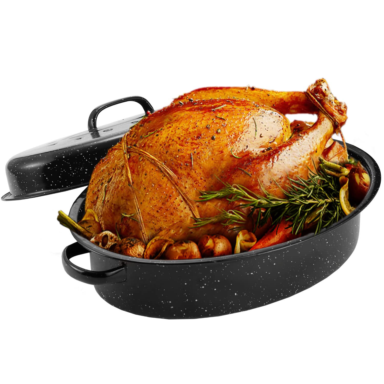 JY COOKMENT Enameled Oval Roaster 15.7" with Domed Lid - Black, Porcelain, Model JY-40, Dishwasher Safe for Turkey, Chicken, Ham