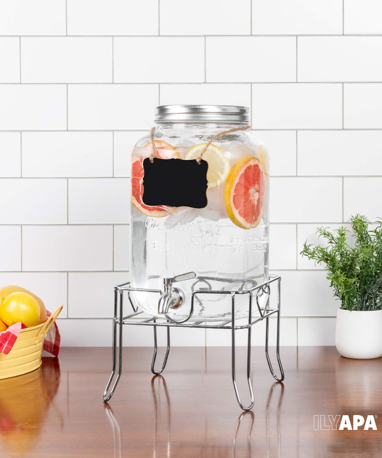 Ilyapa Outdoor Glass Beverage Dispenser with Sturdy Metal Base & Stainless Steel Spigot -2 Gallon Drink Dispenser for Lemonade  Tea  Cold Water & More