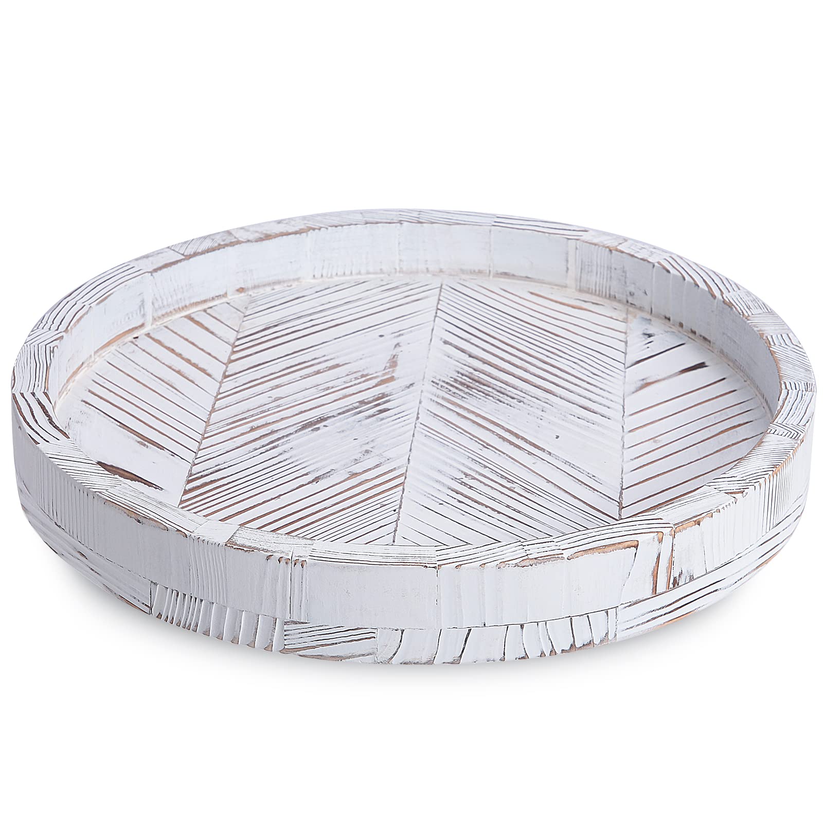 12 Inch Rustic Farmhouse Wood Lazy Susan Turntable For Table, Tomoaza White Herringbone Decorative Turntable Tray, Dining Table