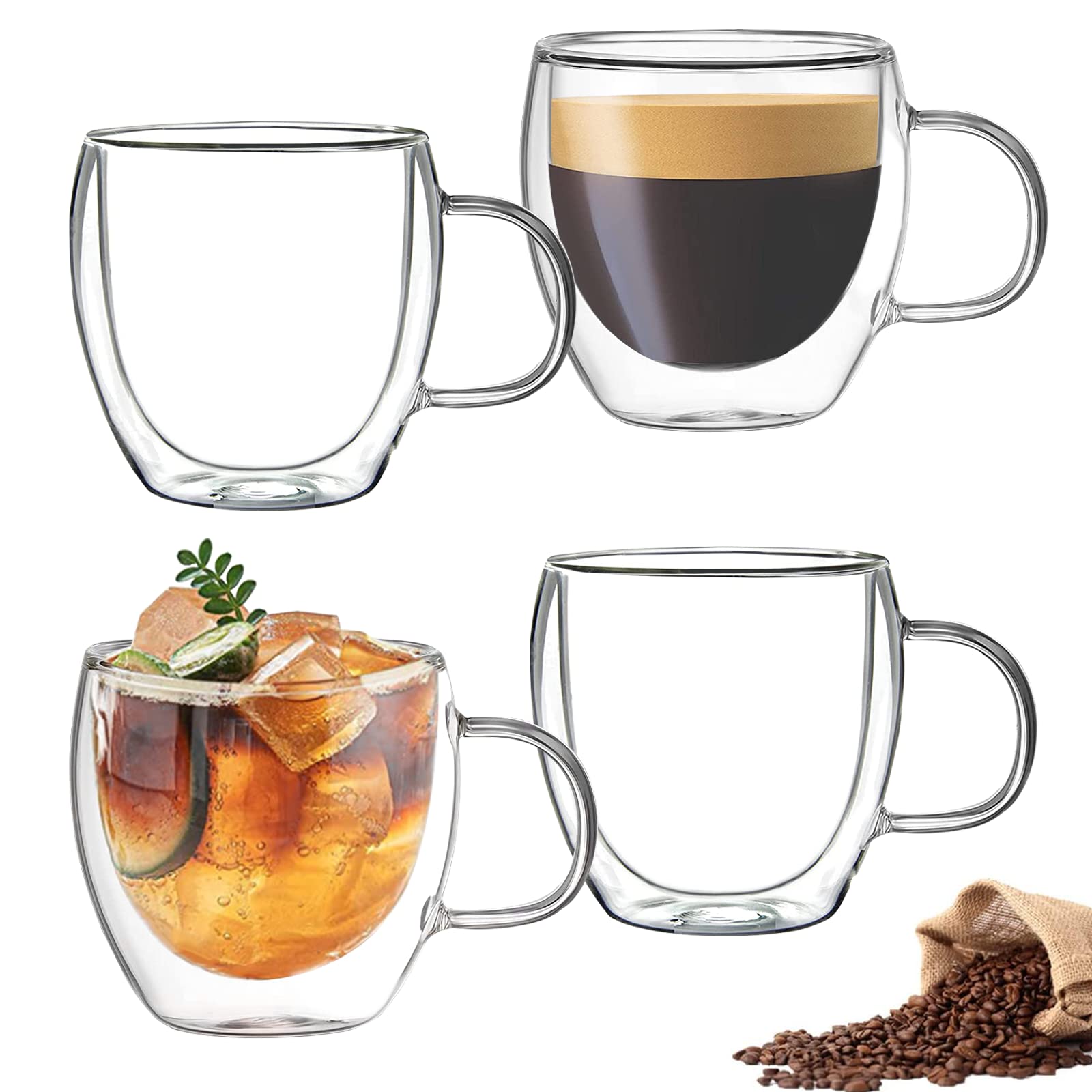 Mfacoy Double Wall Insulated Glasses Espresso Cups Set Of 4, 5 Oz Clear Coffee Cups With Handle, Espresso Shot Glasses, Suit For