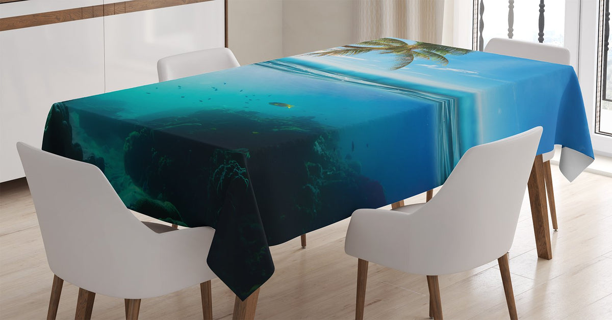 Ambesonne Ocean Tablecloth, Tropical Underwater Shot With Surface Coconut Tree And Sky Aqua Water Theme Paradise, Rectangular Ta