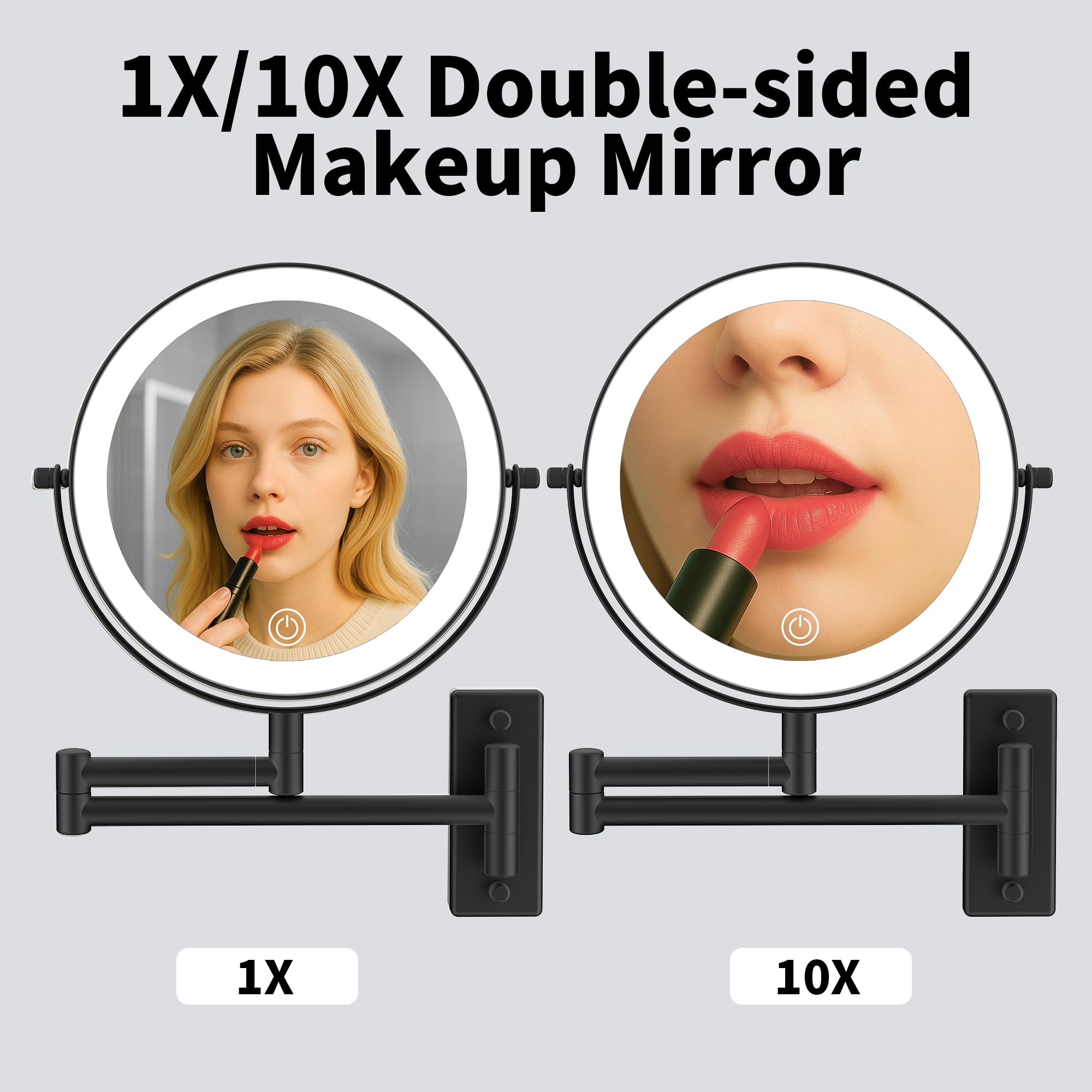 LANSI Rechargeable Wall Mounted Lighted Makeup Mirror  Mounted Makeup Magnifying Mirror with Lights 10X LED Vanity Mirror Wall Mounted  8'' Wall Bathroom Light Up Magnified Mirror (Black)
