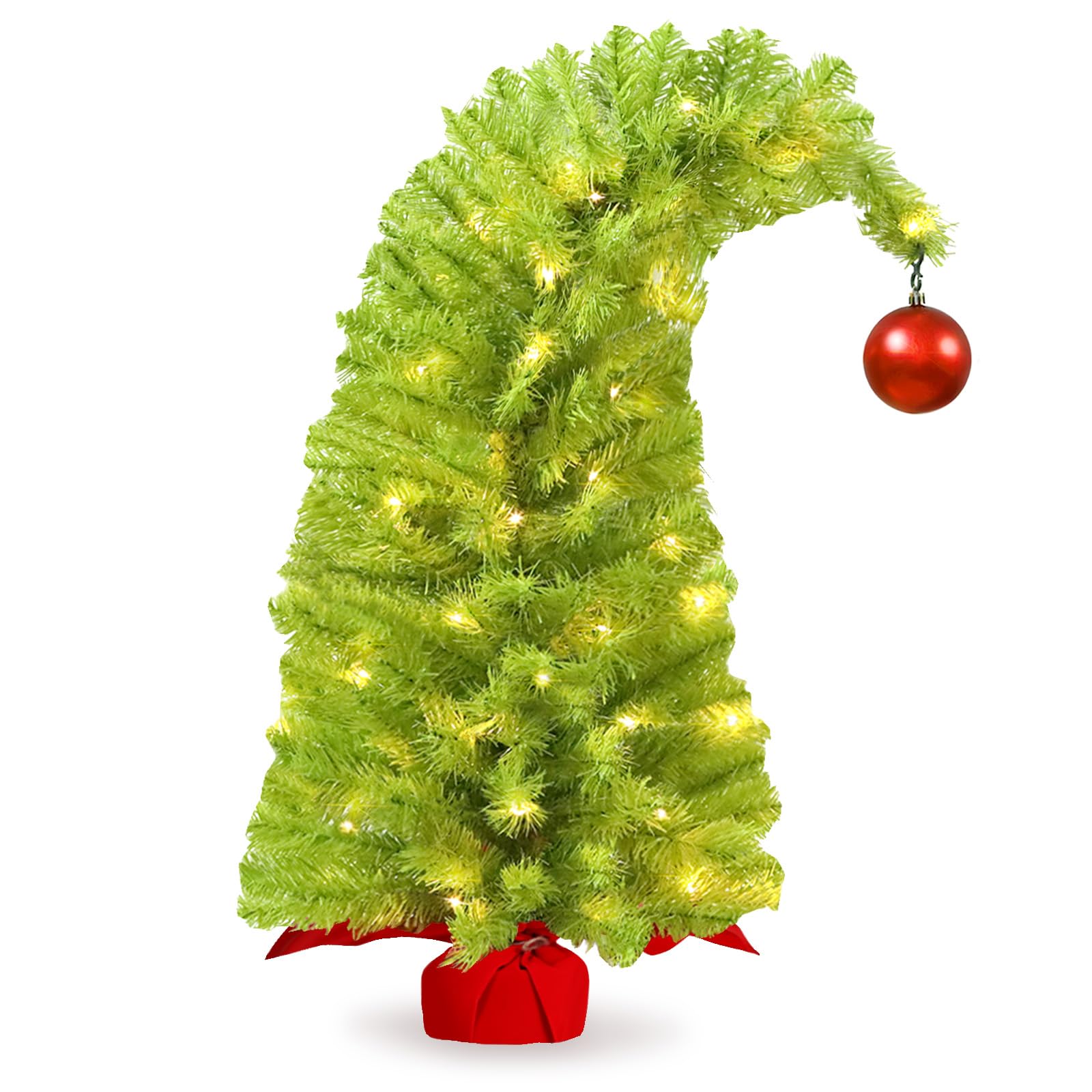 HMASYO Whimsical Small Tabletop Christmas Tree with Lights and Red Ball, 26.8 Bendable Lime Green Artificial Table Top Christmas