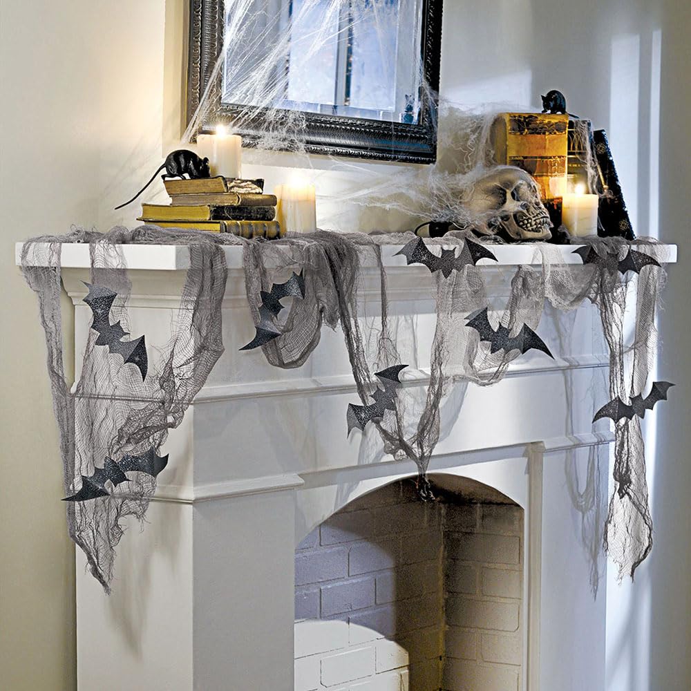 Glitter Bat & Gauze Kit: Sparkling 4'' X 10'' Paper Bats (8Pcs) & 15' X 2' Haunting Gauze Decoration (1 Count) - Perfect For Hal
