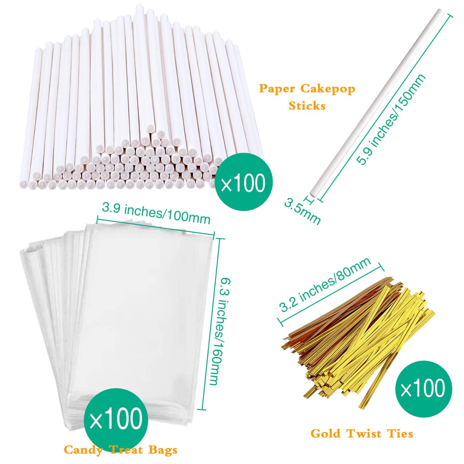 300 Pcs Cake Pop Sticks And Wrappers Kit, Including 100Ct 6-Inch Paper Lollipop Sticks, 100Ct Clear Candy Treat Bags Parcel, 100