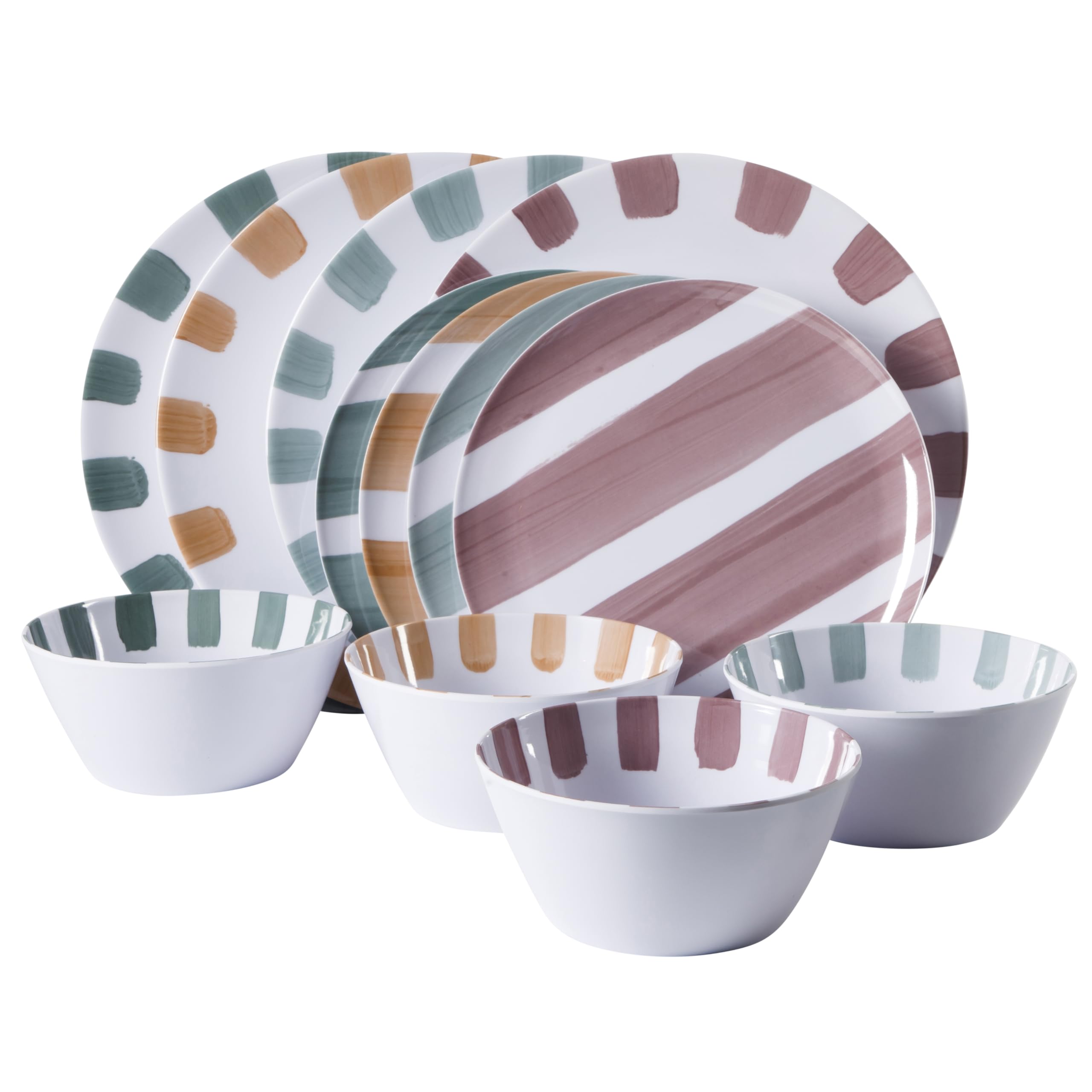 Gibson Home Cottage Stripes 12 Piece Unbreakable Melamine Plates and Bowls Dinnerware Set - Outdoor, Camping, & Everyday Use - A