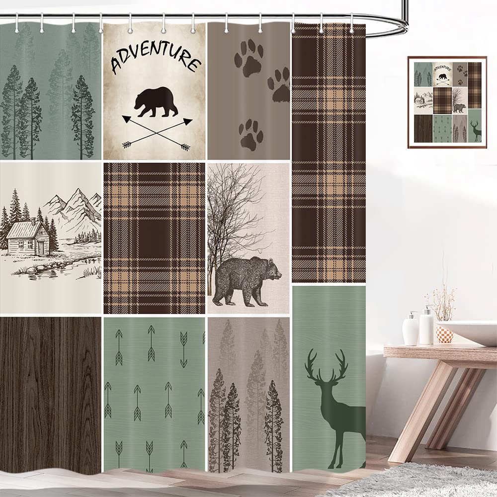 Bzwcbei Cabin Retro Rustic Lodge Shower Curtain, Bear Deer Country Hunting Wild Animal Fabric Shower Curtains, Plaid Check Adven