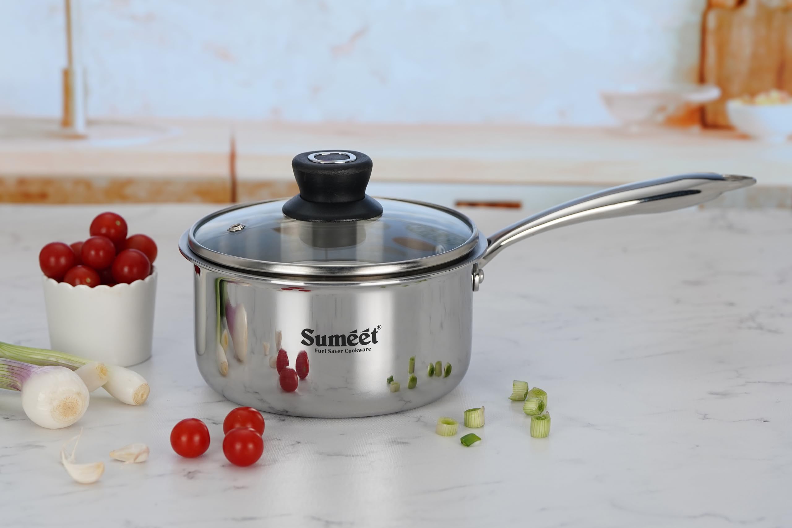 Sumeet Cook Smart TriPly Stainless Steel Induction Base Saucepan with Glass Lid - 1.150 LTR - 14Cm  Pack of 1  Silver